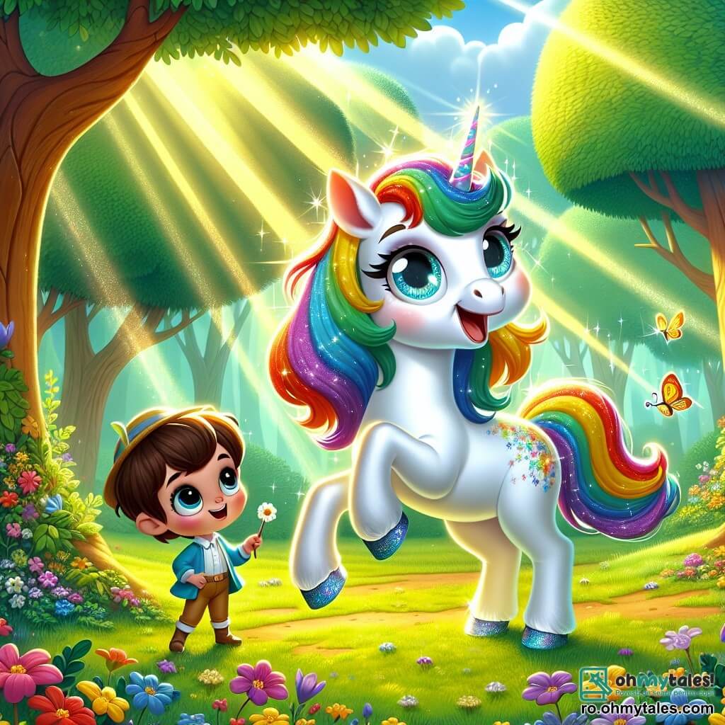 Într-o poiană însorită din Pădurea Veselă, o magnifică unicorniță numită Lira stă în centrul imaginii. Are o coamă strălucitoare în culorile curcubeului, care sclipeste sub razele soarelui. Ochii ei mari și strălucitori exprimă bucurie și curiozitate, în timp ce dansează grațios pe labele ei elegante, înconjurată de flori colorate. Aproape, Dori, un băiat de 8 ani cu părul castaniu și ochi sclipitori, o observă pe Lira cu uimire. Poartă o jachetă albastră și o pălărie magică care își schimbă culoarea. Dori zâmbește larg, ținând o mică flaut din lemn, pregătit să cânte o melodie pentru a însoți dansul Lirei. Locația este o poiană verde, înconjurată de copaci cu trunchiuri groase și frunze strălucitoare, unde razele de lumină filtrează prin frunziș. Fluturi multicolori zboară în jur, adăugând o notă de magie atmosferei. Situația principală arată cum Lira dansează cu bucurie, în timp ce Dori se pregătește să cânte o melodie antrenantă. Împreună, creează o atmosferă festivă, plină de râsete și muzică, atrăgând atenția creaturilor din pădure care îi înconjoară, gata să se alăture petrecerii.