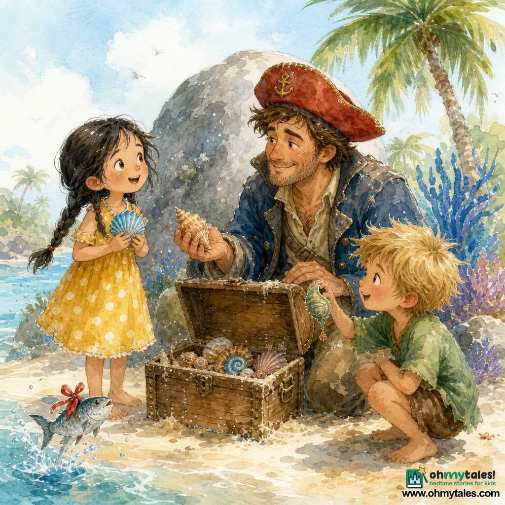 A kind smiling man, Captain Ben, with short brown hair and a red sailor hat kneels by an open wooden chest partly buried in sand and offers a shell to Ana, an amazed 8-year-old girl with braided black hair in a yellow polka-dot dress standing to the left, while Tom, a 7-year-old boy with tousled blond hair in a green shirt, crouches to the right holding a small tinkling green shell; a small silver fish with a red ribbon on its fin splashes near the shore; scene set on a small sandy island with a large gray rock behind the chest, strange azure plants and bright green palms under a pale pastel sky, soft light, warm watercolor tones and gentle splashes.