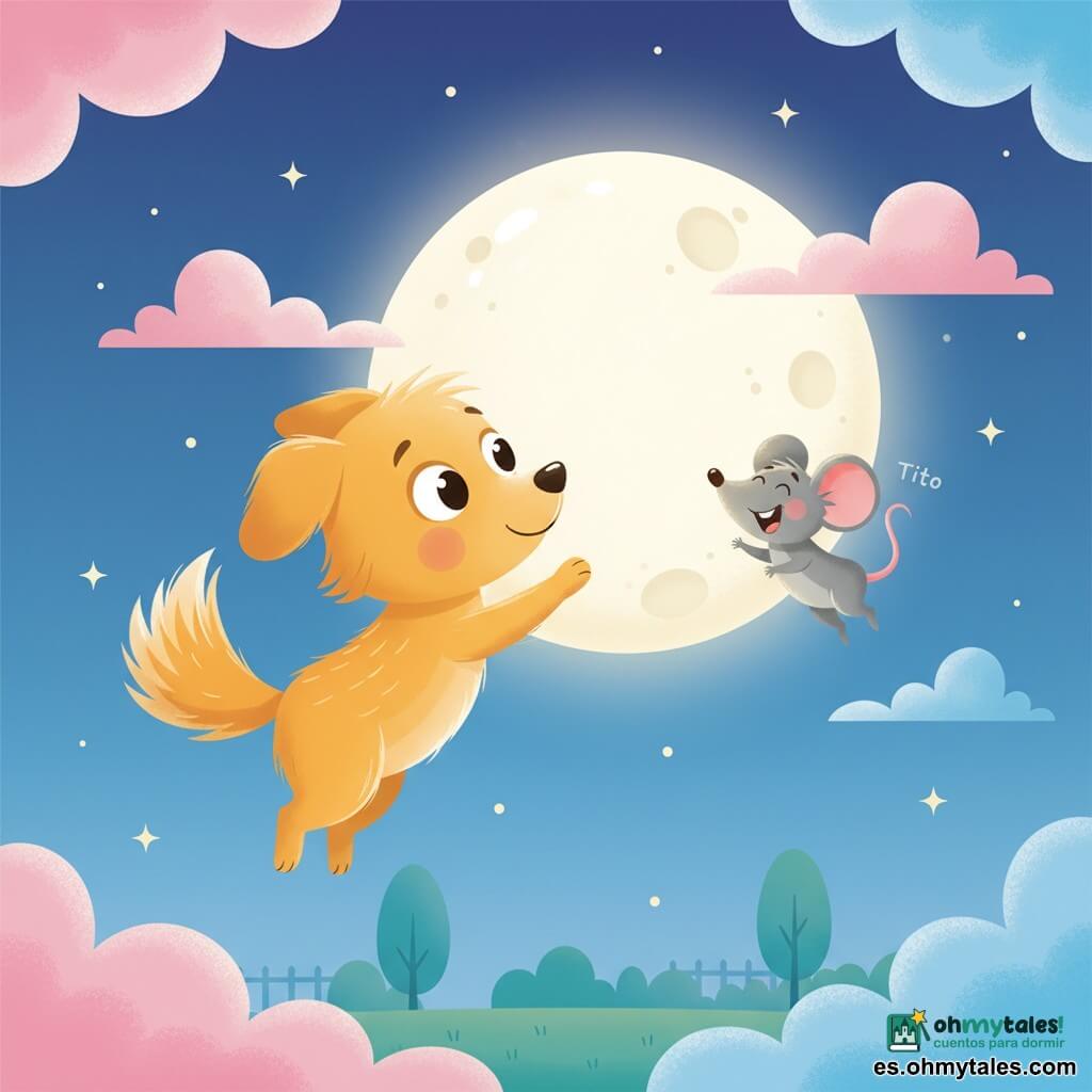 Un pequeño perro dorado y sonriente, de grandes ojos y cola en penacho, extiende una pata para tocar la luna; a su derecha y un poco detrás flota Tito, un ratoncito gris de orejas rosadas que ríe. La luna, grande y cremosa con suaves matices y pequeñas manchas, está rodeada de nubes rosadas y azules; el cielo nocturno degradado azul con estrellas y un tenue brillo. Abajo se insinúa un jardín estilizado con árboles redondeados y una cerca. Ambos amigos vuelan suavemente hacia la luna en una escena tierna, segura y mágica.