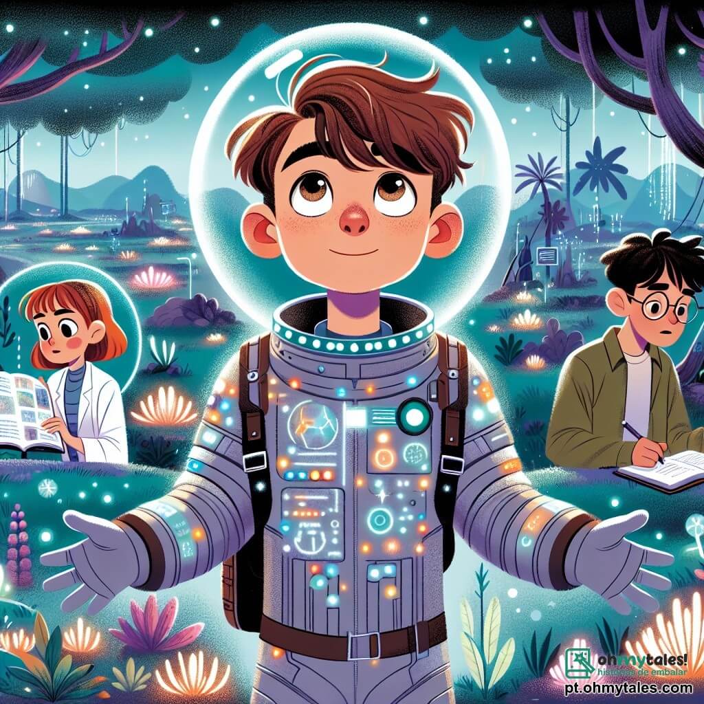 O personagem principal, um homem chamado Lúcio, é um explorador espacial de cerca de trinta anos, com cabelos castanhos bagunçados e olhos cheios de curiosidade. Ele usa um traje espacial futurista prateado, adornado com luzes brilhantes, e está de pé, com os braços abertos e um sorriso maravilhado no rosto, diante de uma paisagem extraterrestre. Ao seu lado está Aline, uma engenheira de 28 anos, com cabelos curtos e ruivos, usando óculos e um uniforme de trabalho. Ela está inclinada sobre um laptop, analisando dados sobre o ambiente de Zeta-7, enquanto lança um olhar admirativo para Lúcio. Marco, um garoto de 25 anos, é um astrobiologista com cabelos negros e óculos redondos. Ele está agachado perto de uma planta luminosa, anotando em um caderno, fascinado pelas cores vibrantes da flora ao seu redor. O local é uma vasta floresta no planeta Zeta-7, com árvores de troncos prateados e folhas multicoloridas que brilham sob um céu roxo. Montanhas majestosas se erguem no horizonte, enquanto criaturas estranhas e amigáveis se movem discretamente entre as árvores. A cena principal mostra Lúcio e sua equipe descobrindo este mundo fascinante, maravilhados com a beleza e a estranheza de seu novo ambiente, prontos para aprender e estabelecer conexões com os habitantes deste planeta.