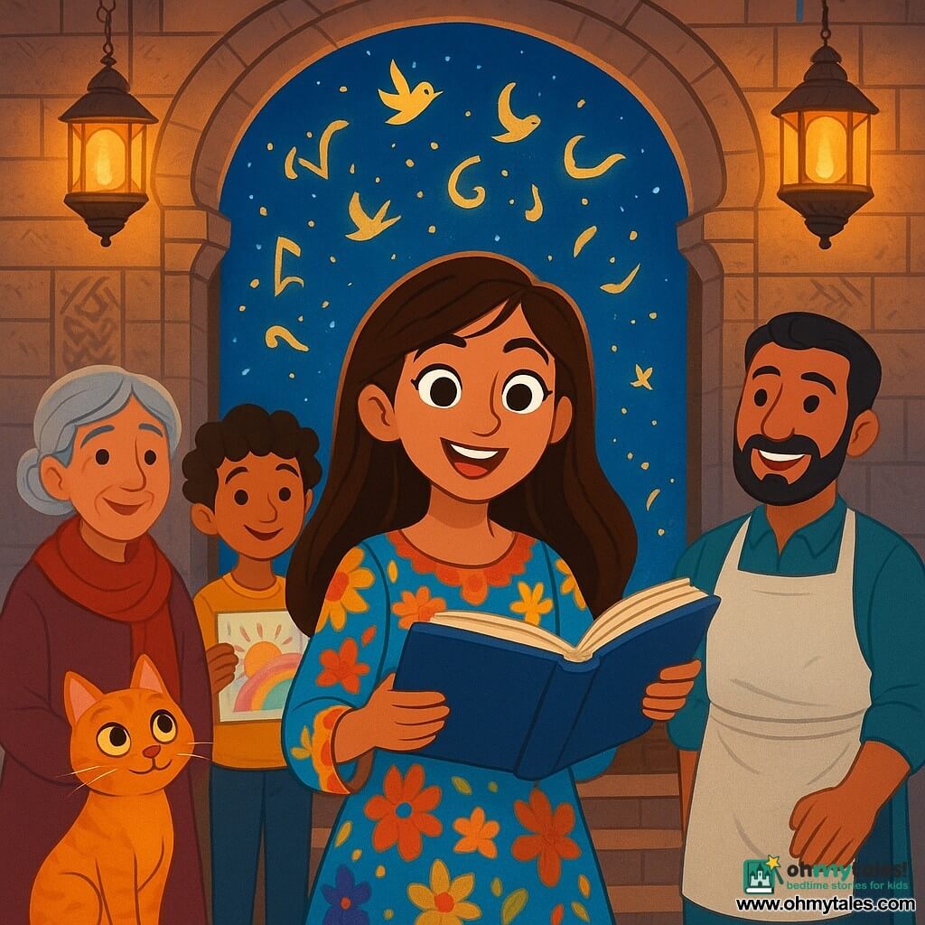 Layla, a young woman with long brown hair and sparkling curious eyes, stands in front of a carved wooden door, her face glowing with excitement and determination. She wears a colorful dress adorned with floral patterns, holding an open book ready to share a story. Beside her is Saffron, a ginger cat with golden eyes, sitting on the steps, attentive and curious. A group of neighbors, including an elderly woman with silver hair and a warm smile, stands behind Layla, listening with interest. They are accompanied by a young boy with curly hair holding a colorful drawing and a cheerful man in a baker's apron, smiling at Layla. The scene takes place in front of an old library with stone walls decorated with arabesque patterns, softly lit by hanging lanterns, and vibrant book covers. The main situation shows Layla reading a story aloud, surrounded by friends and neighbors, all captivated by her words, while luminous words fly around them like birds, illuminating the starry night.