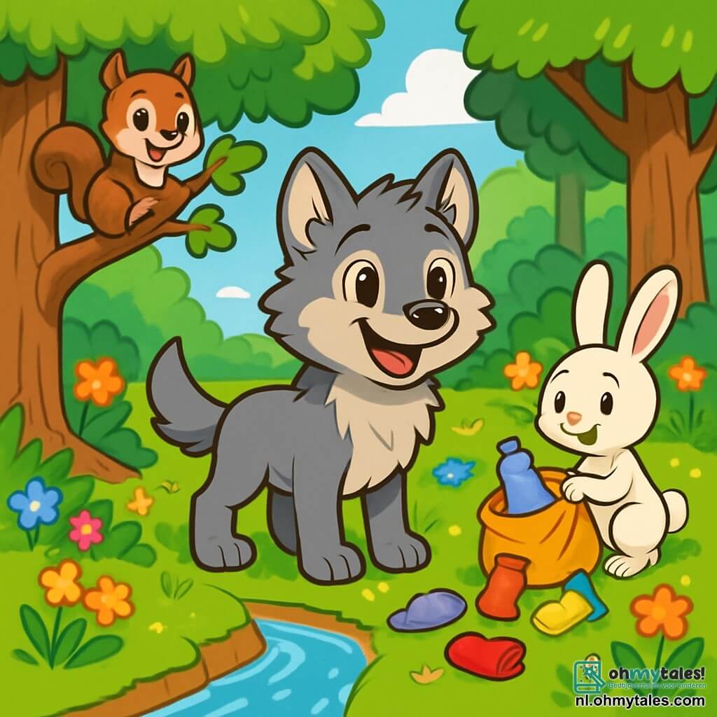 Een jonge wolf genaamd Luca, met een zachte grijze vacht en nieuwsgierige ogen, staat aan de rand van een glinsterende beek, zijn gezicht straalt enthousiasme uit. Hij kijkt om zich heen, met zijn oren rechtop, klaar om de wonderen van de natuur te ontdekken. Naast hem klimt een klein eekhoorntje genaamd Pip, met een bruine vacht en een pluizige staart, vrolijk op een tak, zijn ogen glinsterend van ondeugd, terwijl hij een klein blaadje in zijn pootjes houdt. Niet ver weg is er een schattig konijntje genaamd Nola, met een witte vacht en grote oren, druk bezig met het verzamelen van kleurrijke bloemen, haar gezicht vol vastberadenheid en vreugde. De setting is een prachtig groen bos met majestueuze bomen en felgroene bladeren, bezaaid met bloemen in levendige kleuren die dansen in de wind. De beek, met kristalhelder water, kronkelt door het landschap en weerspiegelt de blauwe lucht met donzige wolken. De hoofdactie toont Luca en zijn vrienden die vastberaden hun geliefde bos schoonmaken, terwijl ze kleurrijk afval oprapen dat de schoonheid van hun omgeving aantast, lachend en elkaar aanmoedigend.
