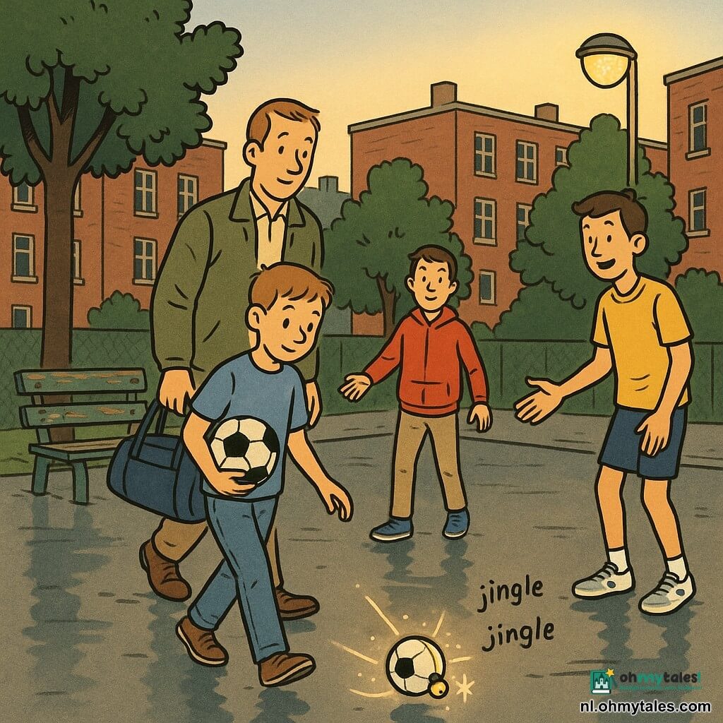 Een voorzichtige, serieuze 12‑jarige jongen glimlacht licht, met kort lichtbruin haar, een verwasemd blauw T‑shirt en jeans, houdt een voetball met een klein belletje en loopt naar de bal terwijl hij het klingelen hoort; een kalme, goedgezinde man van rond de veertig in een kaki jas met een sporttas staat iets achter hem klaar om aan te moedigen en de pass te vangen; tegenover de hoofdpersoon staat een zelfverzekerde jongen met bruin haar en een rood sweatshirt klaar om te ontvangen; een grotere jongen met een aarzelende glimlach in short en sportschoenen staat opzij om te helpen; de scène speelt zich af op een klein stadspleintje met nat cement dat licht weerspiegelt, afgebladderde houten bankjes, een gelige lantaarn, rode bakstenen gebouwen en donkere bomen; het beeld toont een rustige, inclusieve voetbalpartij: de bel in de bal laat een sprankelend geluidsspoor na en alle kinderen spelen samen aandachtig en solidair in een lichte compositie met zachte kleuren en warme, optimistische sfeer.