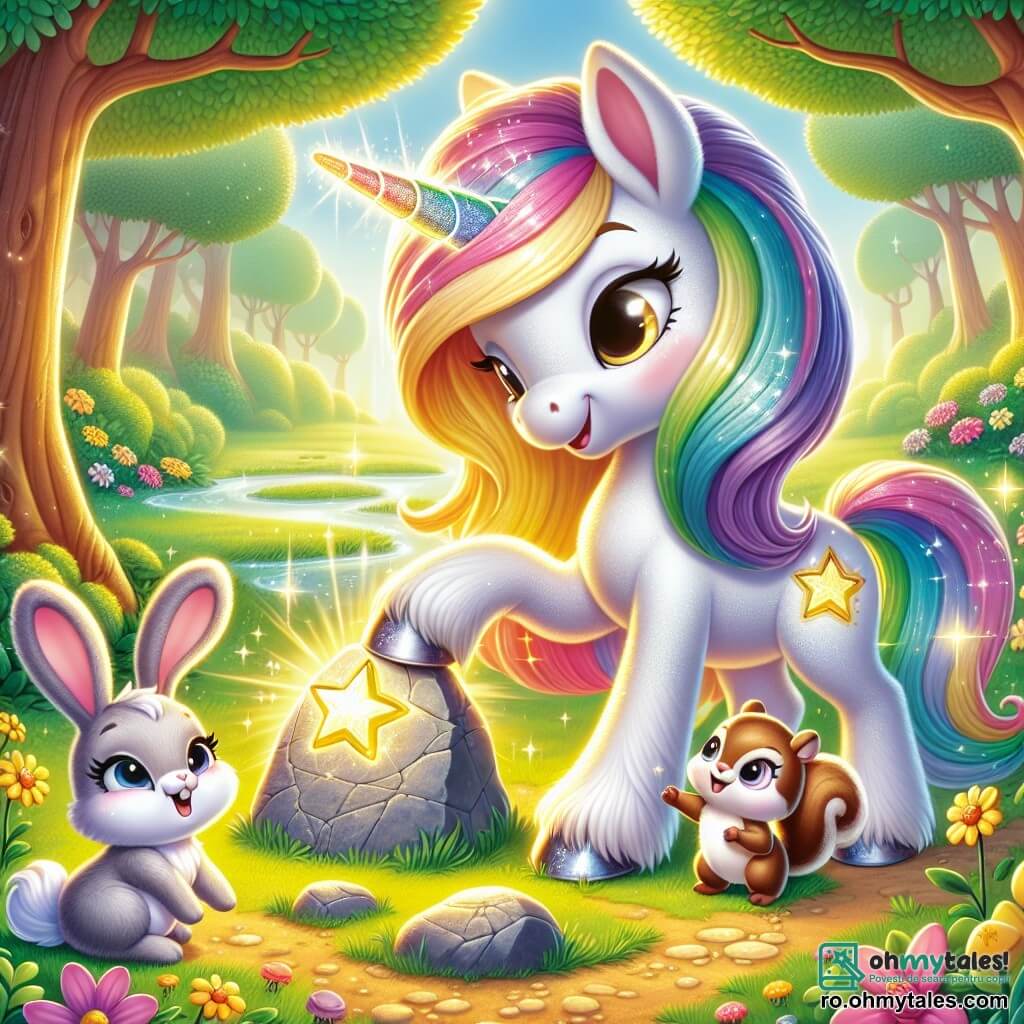 Într-o poiană însorită, o minunată unicorniță numită Luna stă mândră. Are o coamă strălucitoare în culorile curcubeului care scânteiază sub razele soarelui, iar cornul său argintiu strălucește cu o lumină magică. Luna exprimă o mare determinare și o bucurie blândă, în timp ce atinge o piatră gravată cu o stea cu cornul său, iluminând scena cu o strălucire caldă. Lângă ea, un iepuraș pe nume Nori, cu urechi mari și blană moale și albă, sare fericit. Are o privire curioasă și entuziastă, admirând magia care emană din piatră. Puțin mai departe, o veveriță pe nume Pip, cu blana sa brună și coada în evantai, îi privește cu un zâmbet complice, pregătit să-i ajute în căutarea lor. Poiana este înconjurată de copaci mari cu frunze verzi strălucitoare, iar flori colorate dansează ușor în vânt. Un pârâu strălucitor curge în apropiere, adăugând o melodie liniștitoare atmosferei fermecate. Situația principală îi arată pe Luna, Nori și Pip reuniți în jurul pietrei magice, în timp ce lumina stelei gravate începe să strălucească intens, simbolizând începutul unei noi aventuri pline de promisiuni și descoperiri.