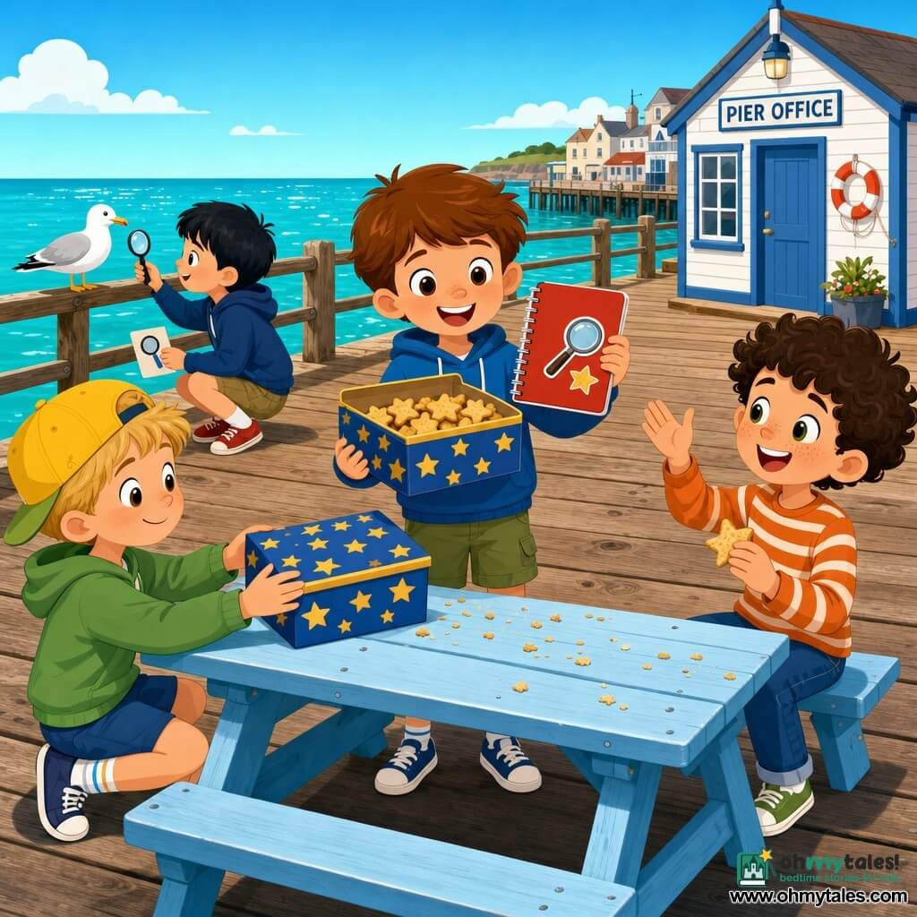 Four 6-year-old boys: Milo, chestnut short hair, standing center holding a red notebook and a small attached pencil, showing the notebook to the viewer and holding a starry biscuit tin in one hand; Theo, blond hair with a yellow cap, kneeling left of Milo, gently placing the starry tin on the picnic table; Jasper, dark curly hair with freckles, right of Milo, laughing while holding a biscuit and raising his other hand playfully; Ben, straight black hair, crouched by the pier railing in the background watching a seagull and holding a magnifier sticker ready to stick in his notebook. Setting: wooden seaside pier with light planks and visible knots, light blue painted bench and picnic table, turquoise sea with white highlights, small quay buildings including a "PIER OFFICE" booth, soft blue gradient sky, a white seagull on the railing and a few crumbs on the table. Scene: the four little investigators have found the starry biscuit tin on the table, smiling and cooperative, sunny bright colors, simple silhouettes and clear geometric shapes, joyful expressions, composition centered on the tin as a shared treasure.