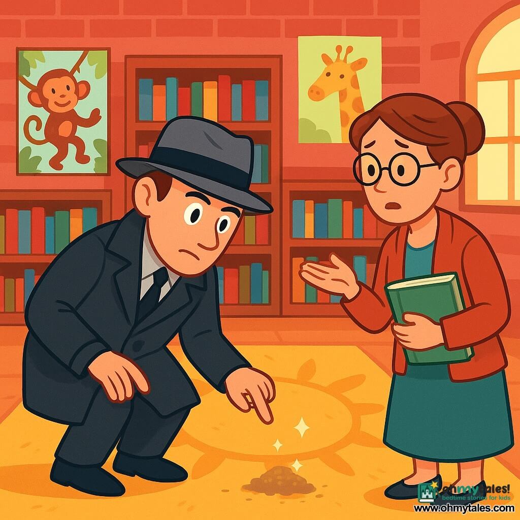 A detective named Eliot Grey stands at the center of the scene. He wears a long black coat and a gray felt hat, with bright, attentive eyes showing curiosity and focus. Beside him is Mrs. Willow, the librarian, around 40 years old, with round glasses and brown hair in a bun, looking at the detective with concern while holding a book. The setting is a library's reading room, featuring red brick walls, shelves filled with colorful books, and a large yellow sun-shaped rug in the center. Jungle animal posters decorate the walls, and soft light filters through the windows. The main situation shows Eliot examining a small pile of dust and glitter on the floor, while Mrs. Willow points to an empty stand where a precious book once was. The atmosphere is tense yet hopeful as they search for clues to solve the mystery of the missing book.