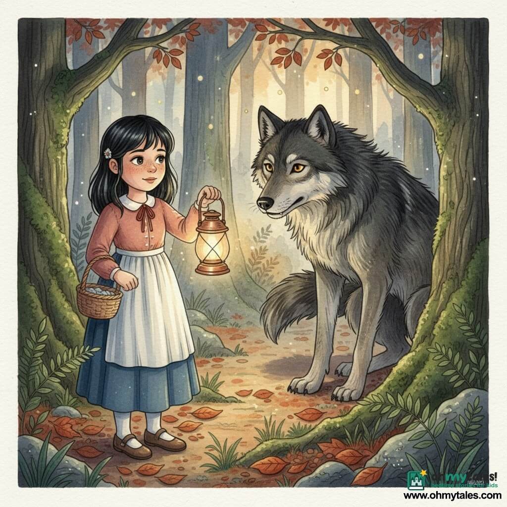 A 10-year-old girl with mid-length black hair, bright hazel eyes, a round face and light freckles calmly and bravely faces the Big Bad Wolf, holding a small wicker basket and a copper lantern that casts a warm, flickering glow on her face and nearby leaves. The tall, lean wolf has anthracite-gray fur streaked with black, amber lantern-like eyes, and thin bared fangs but a hesitant posture as he crouches two meters back on the path, long shadows behind him. They stand in a clearing of an ancient forest with moss-covered trunks, russet leaf litter, misty ferns and golden shafts of light; deep bluish-violet shadows contrast with the lantern’s warmth and a few fireflies dot the air. The scene captures the girl frozen, lantern held like a small beacon, confronting the wolf in a quiet moment where fear turns to curiosity.