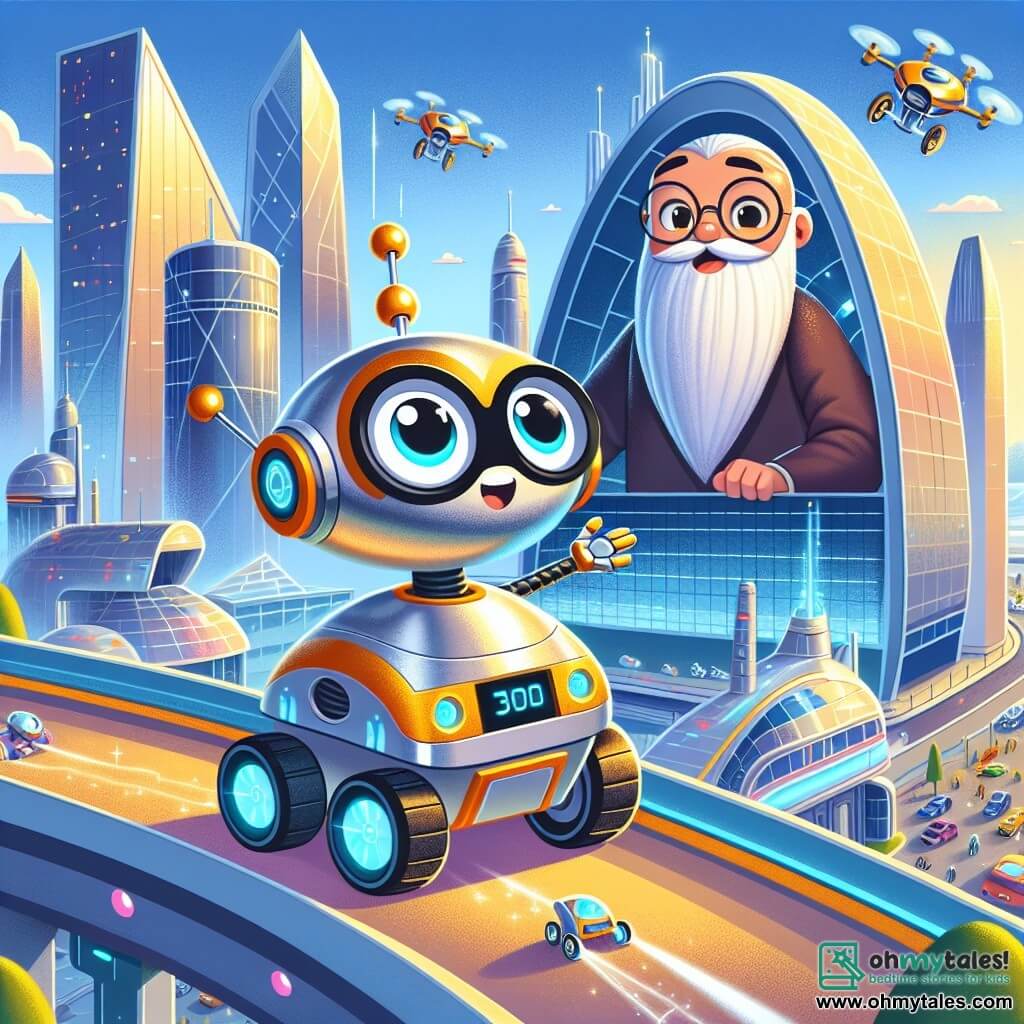 Zipp is a small, bright robot with wheels instead of feet and twitching antennas, displaying an expression of excitement and determination. He is piloting the SkyScooter 3000, a futuristic vehicle with sleek curves and bright colors, flying through the city sky. Nearby, Professor Whiz, a wise robot with round glasses and a long metallic beard, observes proudly with a warm smile. He stands in front of the Skydale Innovation Center, a majestic building with sparkling facades and bold geometric shapes. The setting is a futuristic urban landscape, where sparkling skyscrapers rise towards the blue sky, surrounded by fluffy clouds. Aerial roads weave between the buildings, while drones and other flying robots animate the atmosphere. The main scene shows Zipp rescuing a small drone stuck in a tree, using the extendable arm of the SkyScooter 3000 to free it, illustrating his courage and willingness to help others.