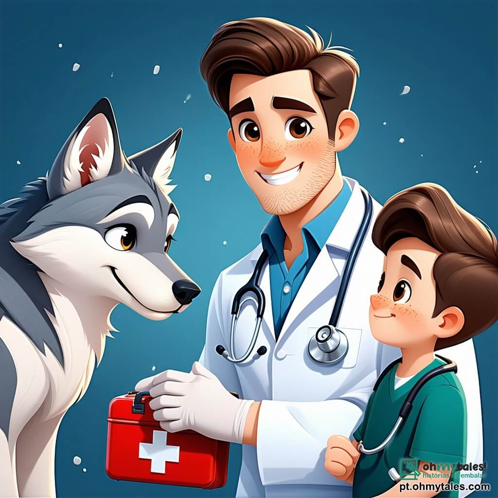 Um veterinário, Dr. Tiago, é retratado com um sorriso caloroso e olhos brilhantes de compaixão. Ele usa um jaleco branco, luvas de látex e segura uma caixa de primeiros socorros, inclinando-se suavemente em direção a um lobo de pelagem cinza, que observa com curiosidade e um leve alívio. Ao seu lado, um menino de 11 anos, Lucas, com cabelos castanhos bagunçados e uma camiseta verde, observa atentamente, com os olhos arregalados de admiração, segurando um caderno de esboços. A cena acontece em um pequeno consultório veterinário, com paredes pintadas de azul claro, cartazes de animais pendurados e prateleiras cheias de suprimentos médicos para animais. No fundo, uma grande janela deixa entrar a luz do sol, iluminando o ambiente e criando uma atmosfera acolhedora. A situação principal mostra o Dr. Tiago tratando o lobo ferido, aplicando um curativo em sua pata enquanto explica a Lucas as etapas do cuidado, ilustrando a paixão e a devoção do veterinário pelos animais.
