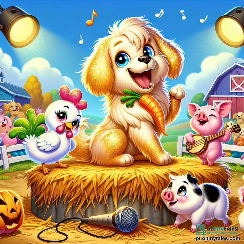 Um cachorro chamado Pingo, com pelagem dourada brilhante e olhos curiosos, dança alegremente em um palco improvisado feito de fardos de feno, seu sorriso radiante de excitação. Ao seu lado, uma pequena galinha chamada Lili, com penas brancas e um ar travesso, segura uma cenoura como microfone, cantando animadamente. Um porquinho chamado Zé, com pelagem rosa e bochechas redondas, toca gaita, de pé ao lado, rindo de felicidade. Ao fundo, uma fazenda colorida se ergue sob um céu azul, com lanternas em forma de abóbora iluminando a cena, enquanto animais da fazenda, como vacas e patos, se reúnem, aplaudindo e se divertindo. A cena captura a energia de um espetáculo alegre onde os animais cantam e dançam juntos, criando uma atmosfera festiva e divertida.