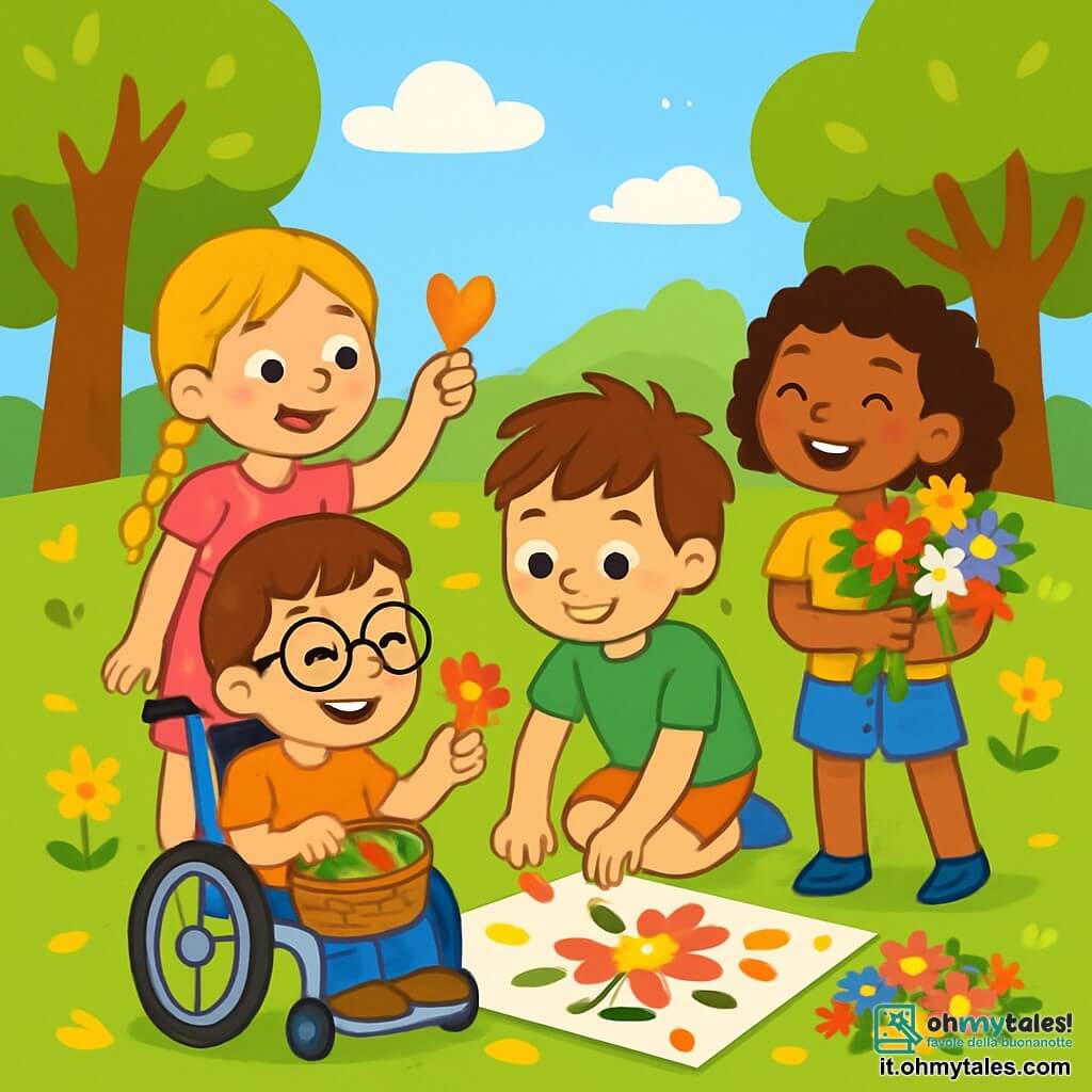 Ci sono 4 bambini: Marco, un ragazzo di 8 anni con capelli castani e occhiali, seduto su una sedia a rotelle e sorridente con un piccolo cestino di foglie e fiori; Giulia, una ragazza di 7 anni con lunghi capelli biondi intrecciati e un vestito rosa a pois, in piedi accanto a Marco e che gli mostra una foglia a forma di cuore; Luca, un ragazzo di 9 anni con capelli castani disordinati e una maglietta verde, accovacciato davanti a un mucchio di fiori colorati per scegliere petali per un collage; Sara, una ragazza di 8 anni con capelli ricci e pantaloni corti blu, in piedi dietro Luca con un grande mazzo di fiori e ridendo di gioia. La scena si svolge in un parco soleggiato, circondato da alberi verdi e fiori luminosi, con un cielo blu e alcune nuvole bianche. I bambini stanno creando un collage artistico su un grande foglio di carta, utilizzando i tesori naturali raccolti, ridendo e aiutandosi a vicenda in un'atmosfera gioiosa.