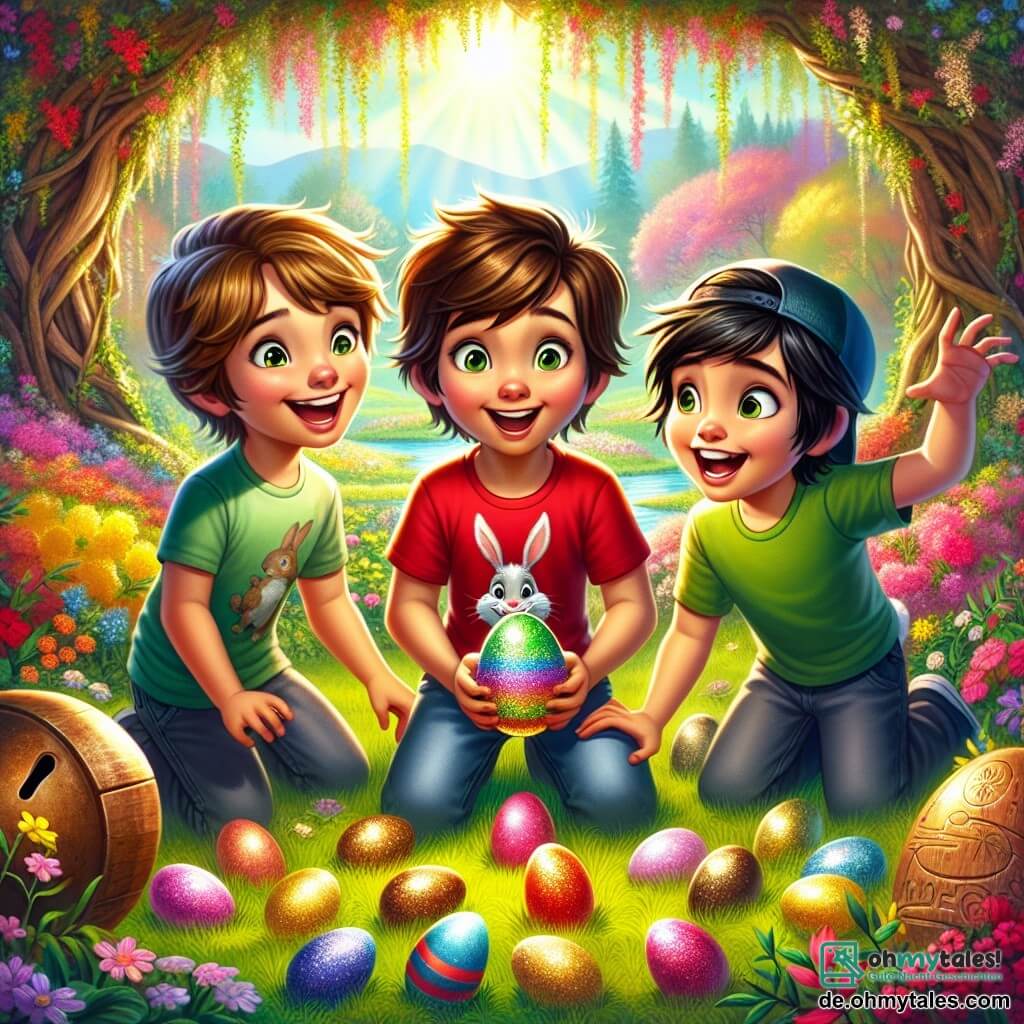 Drei fröhliche Jungen, Max, Ben und Leo, stehen im Mittelpunkt des Bildes. Max, 8 Jahre alt, hat braune Haare und trägt ein rotes T-Shirt mit einem kleinen Hasen. Er hockt und hält ein glitzerndes, buntes Ei. Rechts von ihm steht Ben, ebenfalls 8 Jahre alt, mit blonden Haaren und einer blauen Mütze. Er zeigt auf einen großen Busch, seine Augen strahlen vor Aufregung. Links steht Leo, der kleinste mit 7 Jahren, hat schwarze Haare und trägt ein grünes T-Shirt. Er steht mit erhobenen Armen vor einer großen Holzglocke.

Der Ort ist ein frühlingshafter Garten, gefüllt mit bunten Blumen, üppigen Büschen und blühenden Bäumen. Die Sonne scheint hoch am blauen Himmel und wirft sanfte Schatten auf den grünen Boden. Überall sind bunte Ostereier versteckt, einige hinter den Blumen sichtbar, andere halb im Gras vergraben.

Die Hauptsituation zeigt die drei Freunde, die ein magisches Ei entdecken, das unter der Sonne leuchtet. Sie sind begeistert und beugen sich, um es näher zu betrachten, während eine leichte Brise die Blütenblätter um sie herum tanzen lässt.