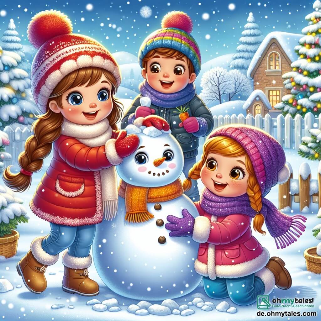 In einer märchenhaften Winterlandschaft spielen drei Kinder zusammen. Leni, ein fünfjähriges Mädchen mit langen braunen Haaren, trägt einen leuchtend roten Mantel und eine Bommelmütze. Sie rollt einen großen Schneemann, lächelnd und voller Energie. Neben ihr sucht Mia, ein weiteres fünfjähriges Mädchen mit geflochtenen blonden Haaren, bunte Steine für die Augen des Schneemanns und trägt einen bunten Schal sowie lila Handschuhe. Schließlich sammelt Tom, ein fünfjähriger Junge mit kastanienbraunen Haaren und von der Kälte geröteten Wangen, eine Karotte, um sie als Nase auf den Schneemann zu setzen. Die Szenerie zeigt einen verschneiten Garten mit majestätischen, schneebedeckten Bäumen unter einem hellblauen Himmel. Sanfte Schneeflocken fallen und schaffen eine magische Atmosphäre. Die Hauptszene zeigt die drei Freunde beim Bau eines Schneemanns, lachend und spielend, umgeben von der winterlichen Schönheit, die Freundschaft und die Freude an Winteraktivitäten symbolisiert.