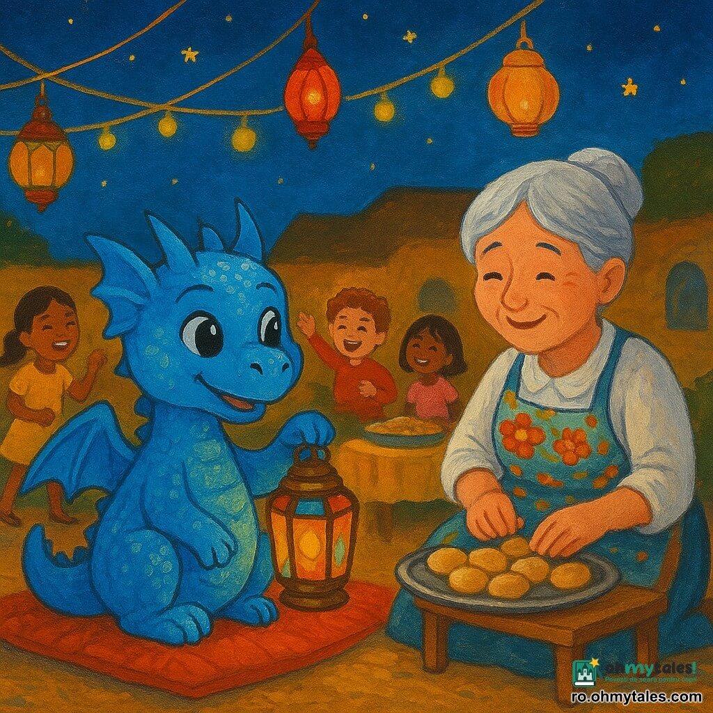 Un dragonel albastru mic, Dodo, cu solzi sclipitori și ochi strălucitori, ține o lanternă veche din sticlă colorată, luminată de o lumină aurie blândă. Este așezat pe o pătură moale într-o curte luminată de lampioane suspendate. Lângă el, o femeie bătrână zâmbitoare, bunica lui, cu păr argintiu și un șorț cu motive florale, pregătește cu grijă prăjiturele. În jurul lor, copiii râd și se joacă, fețele lor fiind luminate de lumina lanternelor. Curtea este decorată cu ghirlande luminoase și mese mici acoperite cu mâncăruri tradiționale de Ramadan. Cerul este presărat cu stele strălucitoare, adăugând o atmosferă magică și caldă scenei.