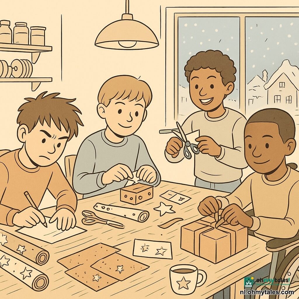 Vier jongens van ongeveer 11 jaar verpakken samen cadeaus aan een houten tafel in een warme keuken: Milan, links zittend, verward haar en geconcentreerd schrijvend met grote gebaren; Timo, achteraan rechts staand, krullend haar en breed glimlachend terwijl hij papieren sterren knipt; Sam, voor midden zittend, met stijl haar en rustige, precieze handen die stickers op een doos plakken; Lars, rechts in een versierde rolstoel, kort haar en vastberaden, die een grote strik om een pak maakt. Op de tafel liggen stapels dozen, linten, ster- en kaneelpapier, scharen en lijm, dampende mokken chocolademelk; een hanglamp werpt een cirkel warm licht, het raam is bevroren en toont vierkante sneeuwvlokken boven een klein dorp, er zijn krakkemikkige stoelen en planken met potten en hangende linten, sfeer actief en teder, warme binnenlicht contrasteert met de koude buitenlucht.