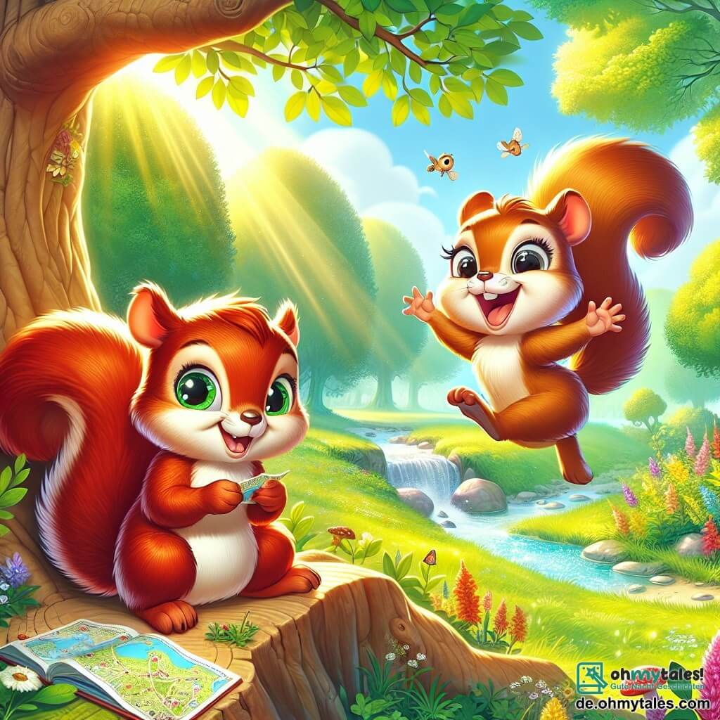 Emil, ein kleiner, glänzend roter Eichhörnchen, sitzt auf einem großen Baumstamm, sein Gesicht erleuchtet von einem fröhlichen und neugierigen Lächeln. Er hält eine kleine Karte in seinen Vorderpfoten, die Augen funkelnd vor Aufregung. Neben ihm springt seine Schwester Leni, ein kleines Eichhörnchen mit weichem, seidigem Fell, vor Freude, ihre kleinen Pfoten erhoben und ein großes Lächeln auf ihrem Gesicht. Der Ort ist eine sonnige Lichtung, umgeben von großen Bäumen mit leuchtend grünen Blättern, und bunten Blumen, die im Wind tanzen. Im Hintergrund funkelt ein Bach unter den Sonnenstrahlen und verleiht der Szene einen Hauch von Magie. Die Hauptsituation zeigt Emil und Leni, die ihre Sommerabenteuer planen, umgeben von der Schönheit der Natur, voller Enthusiasmus und Vorstellungskraft für die bevorstehenden Entdeckungen.