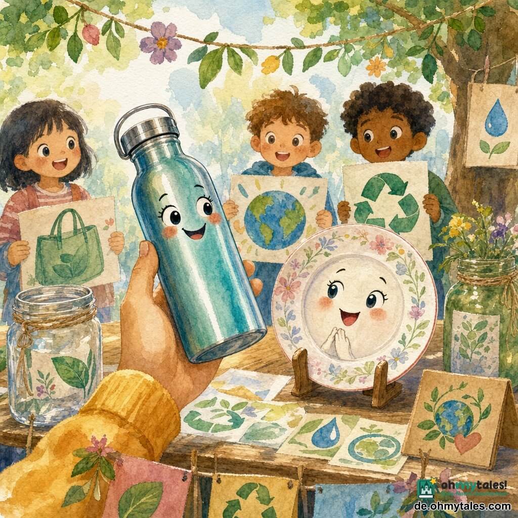 Flori, eine anthropomorphisierte, lächelnde Edelstahlofenne mit blau-grünem Metallglanz, wird von einer Kinderhand in der Bildmitte gehalten; rechts auf einem hellen Holztisch steht Tino, ein rundes, lächelndes Porzellanteller mit dezenten Blumenmustern, und drei einfache, ausdrucksvolle Kinder mit staunenden Augen halten hinter dem Stand bunte „Zero Waste“-Plakate; der Außenschulstand ist mit Flyern, recycelten Gläsern, handbemalten Kartonschildern und einer Girlande aus Blättern und Blumen dekoriert, vor grünen Bäumen und aquarelliertem Himmel; Szene: Flori demonstriert freudig die Vorteile wiederverwendbarer Flaschen, warme Gesten und nahe Interaktion, sanfte Farbtöne und leichte Wassertexturen verleihen Dynamik.