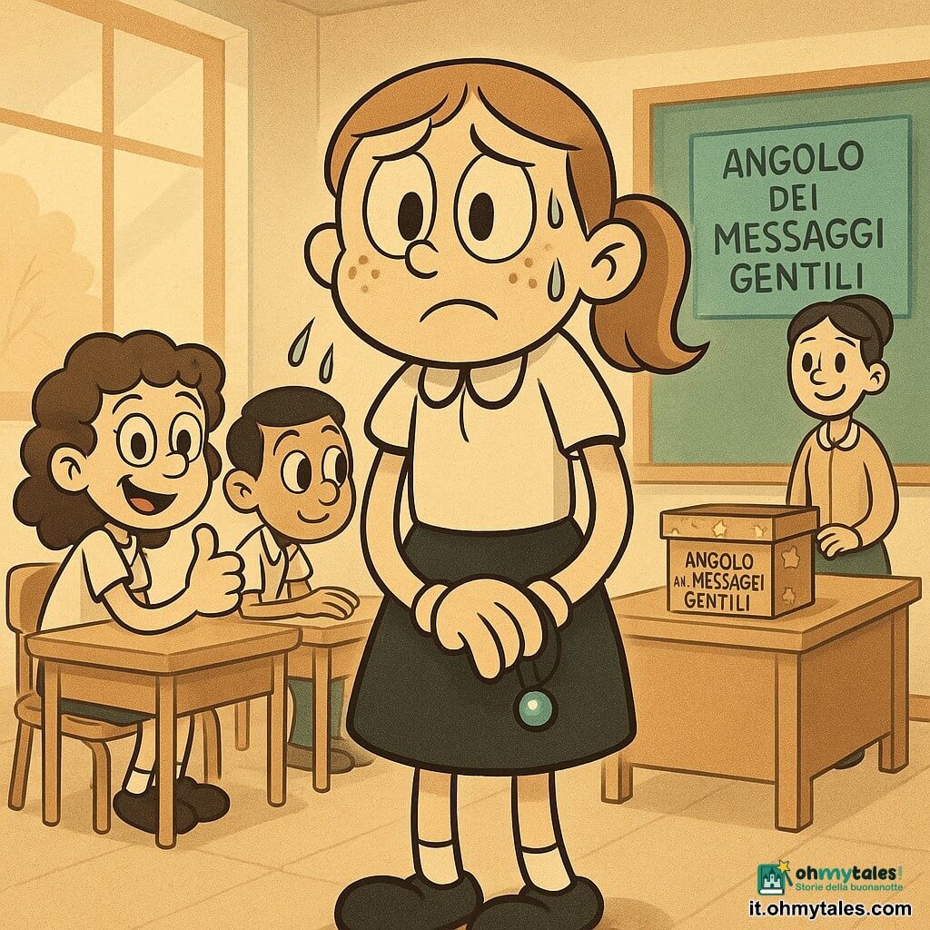 Ragazza di 12 anni dal viso rotondo e lentiggini, capelli castano chiaro raccolti in una coda, sguardo nervoso ma determinato, mani leggermente sudate, tiene in tasca un piccolo ciondolo di stoffa con una perla blu mentre presenta in classe con postura leggermente incurvata e mento chinato; Giulia, coetanea dai capelli ricci castani, seduta in prima fila a sinistra con sorriso malizioso e pollice alzato; Samir, ragazzo di 12 anni pelle olivastra e capelli corti neri, seduto a destra, sguardo calmo, sussurra parole di incoraggiamento tenendo un quaderno; l'insegnante quarantenne dai capelli raccolti, abbigliamento semplice, sorride benevola accanto alla lavagna con una scatola decorata con stelle etichettata "Angolo dei Messaggi Gentili" sulla cattedra; aula luminosa con pareti pastello, grande cartellone azzurro con la stessa scritta, banchi in legno chiaro, finestra con luce pomeridiana e atmosfera calda e rassicurante, stile grafico contrastato, forme arrotondate, colori tenui e texture carta.