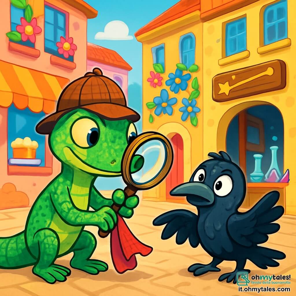 Un geco detective di nome Gelsomino, con squame verde smeraldo scintillanti, indossa un piccolo cappello da detective e tiene una lente d'ingrandimento nella zampa, mostrando un'espressione di curiosità ed eccitazione. Accanto a lui, un corvo nero di nome Cornelio, con piume lucenti e occhi maliziosi, appare leggermente preoccupato, con le ali leggermente spiegate, come se fosse pronto a volare. La scena si svolge in una vivace strada di Luminopoli, dove edifici colorati con facciate ornate di fiori magici si ergono sotto un cielo azzurro, mentre una pasticceria vicina emana aromi di dolci. Gelsomino e Cornelio si trovano davanti al negozio del signor Barbagli, dove bottiglie di pozioni e bacchette magiche sono sparse, creando un'atmosfera di mistero e magia. Gelsomino sta esaminando un pezzo di tessuto del mantello di un cliente misterioso, mentre Cornelio guarda intorno, intrigato dai suoni strani che provengono dal negozio.
