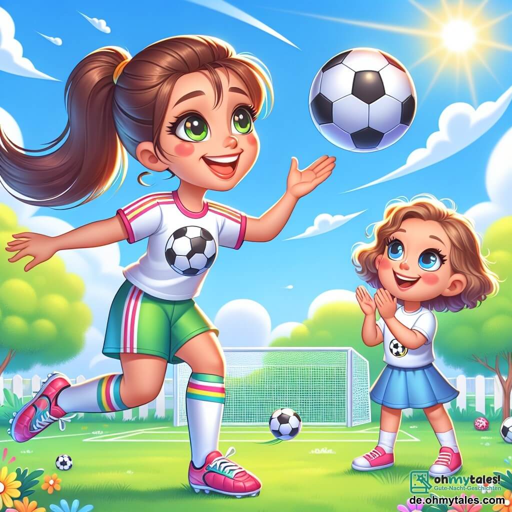 Im Zentrum des Bildes jongliert eine junge Frau, Lara, mit einem Fußball. Sie hat braune Haare zu einem Pferdeschwanz gebunden und ein strahlendes Lächeln, das Freude und Leidenschaft ausdrückt. Sie trägt ein buntes Fußballtrikot, Shorts und Sportschuhe, was ihre Entschlossenheit und Energie zeigt. Neben ihr steht ein etwa 8-jähriges Mädchen, Mia, das bewundernd zuschaut. Sie hat lockige blonde Haare und trägt ein T-Shirt mit einem Fußballmotiv. Sie applaudiert Lara, ihre Augen leuchten vor Aufregung und Inspiration. Die Szenerie spielt auf einem kleinen, grünen Fußballfeld, umgeben von Bäumen und bunten Blumen, unter einem klaren blauen Himmel mit ein paar weißen Wolken. Die Sonne scheint und schafft eine warme, fröhliche Atmosphäre. Die Hauptsituation zeigt Lara und Mia, die einen Moment des Spiels und Lernens teilen, wobei Lara Mia einige Fußballtricks beibringt, während der Ball fröhlich zwischen ihnen rollt und Freundschaft sowie Leidenschaft für den Sport symbolisiert.