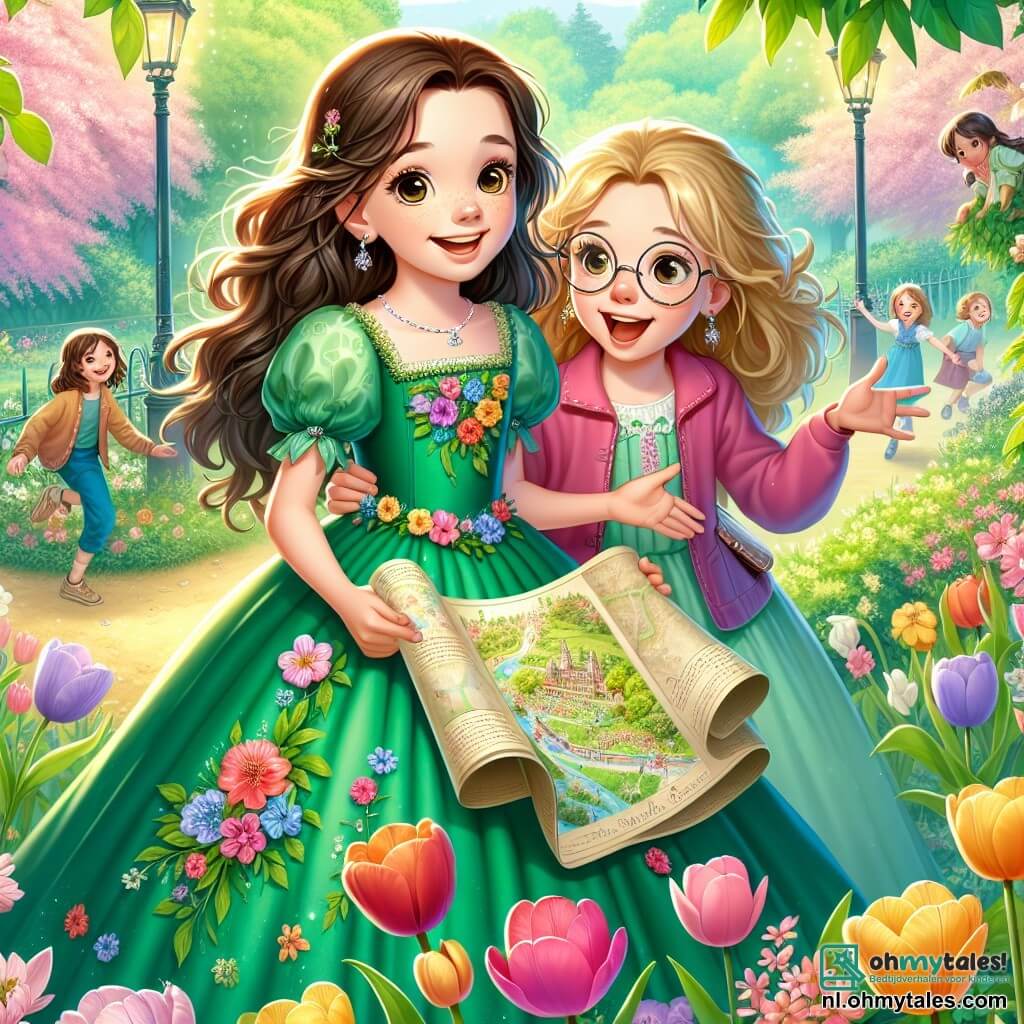 Een 12-jarig meisje, Lotte, met lange bruine haren en sprankelende ogen, glimlacht vrolijk terwijl ze een kaart vasthoudt. Ze draagt een mooie groene jurk versierd met kleurrijke bloemen, die de lente symboliseert. Naast haar staat haar beste vriendin Emma, ook 12 jaar oud, met blond haar en ronde bril, die enthousiast een grote bloem laat zien die ze net heeft geplukt. Ze bevinden zich in een groene park, vol licht, waar bloeiende bomen en kleurrijke tulpen een betoverend tafereel creëren. In de verte spelen en lachen andere kinderen, wat bijdraagt aan de vrolijke sfeer. Lotte en Emma zijn druk bezig met de voorbereidingen voor een lentek Treasure Hunt, klaar om de wonderen van de natuur om hen heen te verkennen.