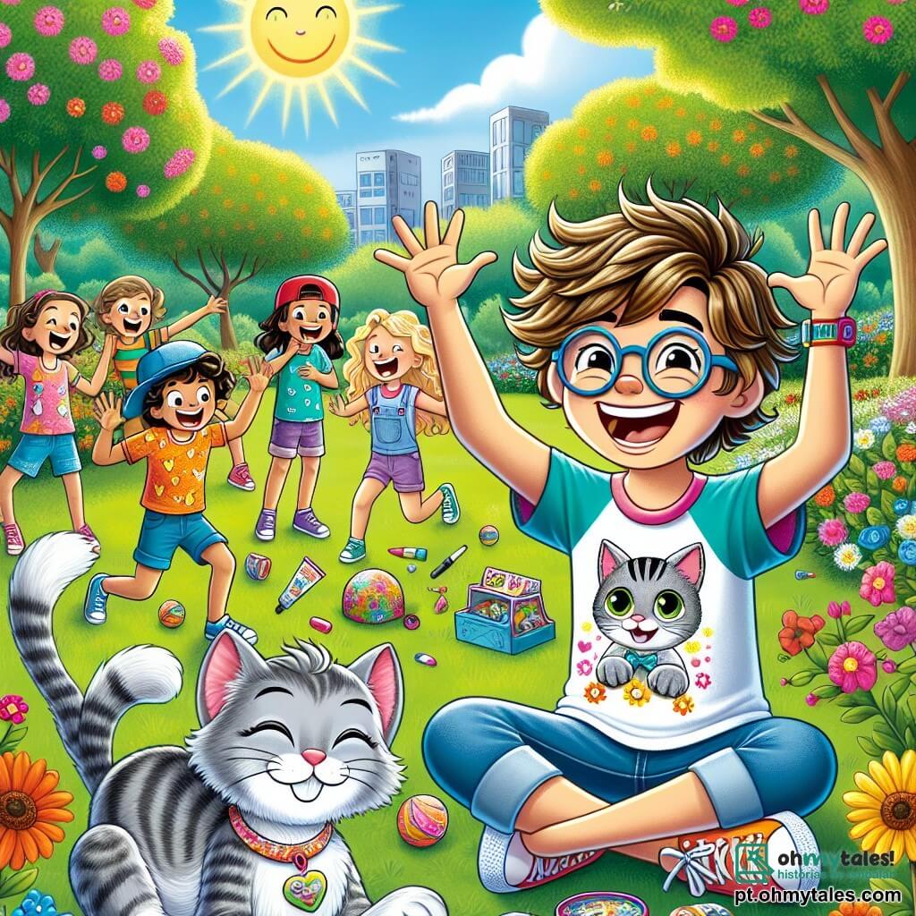 Um garoto de 12 anos, Miguel, com cabelo castanho bagunçado e óculos redondos, está sentado na grama verde do parque, rindo alto, com os braços levantados em sinal de alegria. Ele veste uma camiseta colorida com estampas de gatos e um short jeans. Ao seu lado, seu gato Bolinha, um pequeno felino de pelos cinzas e olhos brilhantes, está fazendo um salto acrobático, com uma expressão travessa no rosto. Ao fundo, um grupo de crianças, incluindo uma menina de cerca de 10 anos com cabelo loiro trançado, aplaude e ri, enquanto um garoto de 8 anos, com um boné vermelho, tenta tirar uma foto com seu celular. O parque está cheio de flores coloridas, árvores majestosas e um céu azul radiante, criando uma atmosfera alegre e ensolarada. A cena principal mostra Miguel e Bolinha se preparando para um espetáculo de mágica, com acessórios coloridos ao redor, enquanto as crianças os observam com admiração, prontas para viver uma aventura cheia de risos e surpresas.