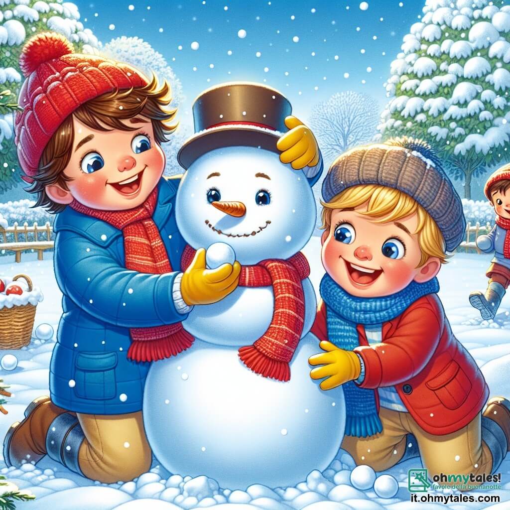 Un ragazzo di 7 anni, chiamato Luca, con i capelli castani arruffati e le guance rosate, sta costruendo un grande pupazzo di neve in un giardino innevato. Indossa un cappotto blu brillante, un berretto rosso e guanti gialli, e il suo viso irradia gioia ed eccitazione. Accanto a lui, il suo amico Marco, un ragazzo di 7 anni con un cappello rosso e capelli biondi, lo aiuta rotolando una palla di neve. Marco ha un sorriso luminoso e occhi scintillanti di felicità. Il luogo è un affascinante giardino, coperto da uno spesso strato di neve scintillante sotto il sole invernale, con alberi le cui branche sono cariche di neve e fiocchi che cadono dolcemente dal cielo blu. La scena principale mostra Luca e Marco in azione, ridendo e divertendosi, mentre decorano il loro pupazzo di neve con una sciarpa rossa e un vecchio cappello, creando un momento magico di amicizia e creatività in inverno.