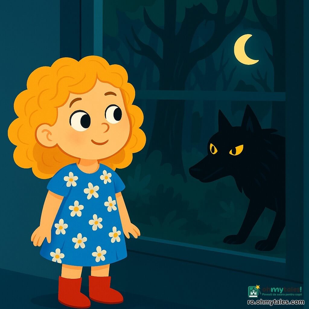 O fetiță de 6 ani, Ilinca, cu părul buclat și auriu, poartă o rochie albastră cu flori și cizme roșii. Are o privire curioasă și un zâmbet jucăuș, în timp ce stă lângă o fereastră, observând pădurea întunecată cu ochii strălucind de excitație. Afară, luna luminează slab copacii uriași, ramurile lor torsionate păreau să danseze în vânt. În umbră, un lup mare și negru cu ochi galbeni strălucitori se ascunde în spatele unui copac, blana lui strălucind sub lumina lunii, gata să sară. Pădurea este densă, cu trunchiuri groase și frunze verzi închise, creând o atmosferă misterioasă și ușor îngrijorătoare. Situația principală o arată pe Ilinca, intrigată și puțin speriată, privind spre exterior, în timp ce lupul, fugar și amenințător, pândeste în întuneric, adăugând o tensiune palpabilă ilustrației.