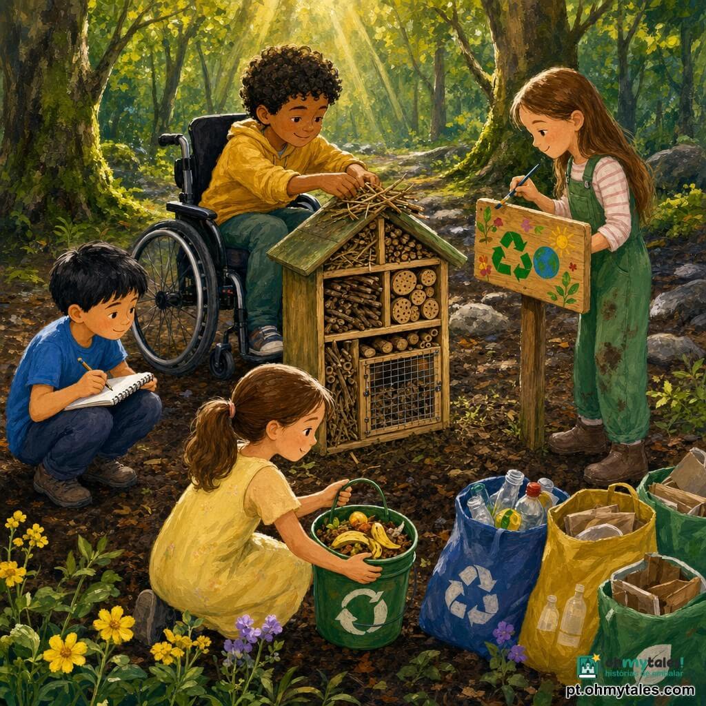 Há quatro crianças: Sofia, menina de ~9 anos, cabelos castanhos presos em rabo, vestido amarelo claro, segurando um pequeno balde verde de composto à frente, perto de uma clareira; Pedro, menino de ~10 anos, cabelos pretos curtos, camiseta azul, agachado à esquerda com caderno e lápis, observando e anotando; Lúcia, menina de ~8 anos, cabelos longos castanho‑claro, jardineira verde suja de terra, em pé à direita pintando uma pequena placa de madeira com desenhos coloridos; Miguel, menino de ~10 anos, cabelos encaracolados, pele um pouco mais escura, em cadeira de rodas robusta, montando calmamente um "hotel de insetos" com gravetos, palha e pequenos troncos ao centro. Local: uma clareira no bosque após a chuva, solo escuro salpicado de folhas, troncos cobertos de musgo ao fundo, pequenas flores silvestres amarelas e roxas, raios de sol dourados entre os galhos, algumas pedras e um caminho de terra. Situação: as quatro crianças trabalham juntas para cuidar do bosque — balde de composto com cascas de fruta, sacos de reciclagem separados, placa pintada com símbolos de separação e hotel de insetos quase pronto; atmosfera acolhedora, gestos cuidadosos, cores vibrantes e texturas visíveis.