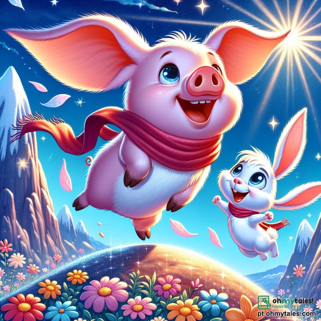 Um porquinho rosa com grandes orelhas, chamado Pipo, está no topo de uma montanha cintilante, com os olhos arregalados de alegria e surpresa. Seu pelo é macio e brilhante, e ele usa um pequeno lenço vermelho no pescoço. Ao seu lado, um travesso coelhinho branco chamado Tico, com olhos brilhantes e um sorriso radiante, salta de felicidade, com suas longas orelhas flutuando ao vento. Eles estão cercados por flores coloridas que brilham sob o sol radiante, enquanto um céu azul se estende no horizonte. A cena transmite uma atmosfera de magia e aventura, enquanto Pipo e Tico acabaram de realizar seu sonho de voar, flutuando levemente acima do solo, cheios de empolgação e camaradagem.