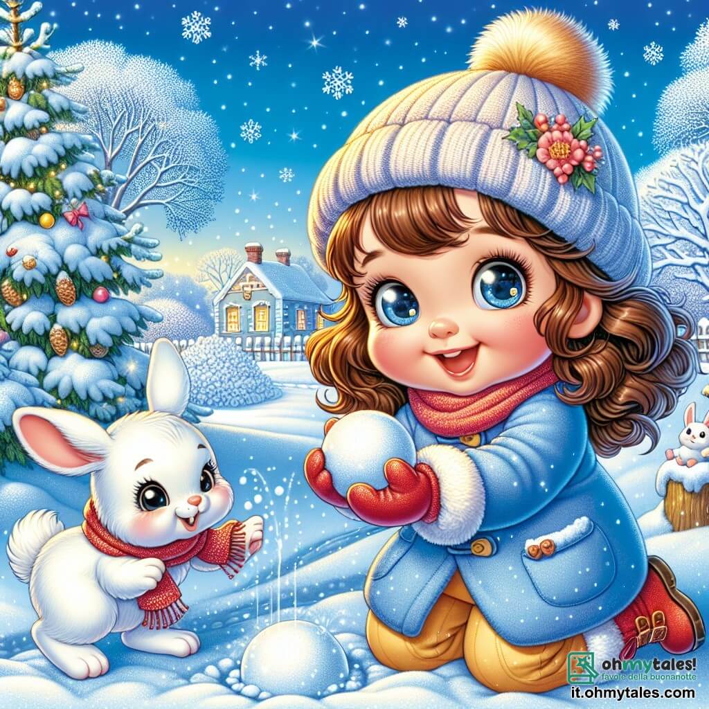 Una bambina di un anno, Sofia, con capelli castani ricci e grandi occhi brillanti, sta giocando nella neve. Indossa un carino cappotto blu, guanti rossi e un berretto giallo, il suo viso irradia gioia e meraviglia mentre fa una palla di neve. Accanto a lei, un adorabile coniglietto bianco, con orecchie lunghe e occhi lucenti, osserva curiosamente Sofia. È seduto sulle zampe posteriori, pronto a saltare per prendere una palla di neve. Il contesto è un giardino invernale, coperto da uno spesso strato di neve scintillante sotto il sole invernale. Alcuni alberi con rami carichi di neve si ergono sullo sfondo, e alcuni fiocchi cadono dolcemente dal cielo blu. Sofia, con un sorriso radioso, lancia una palla di neve verso il coniglietto, che salta gioiosamente per prenderla, creando una scena piena di magia e felicità invernale.