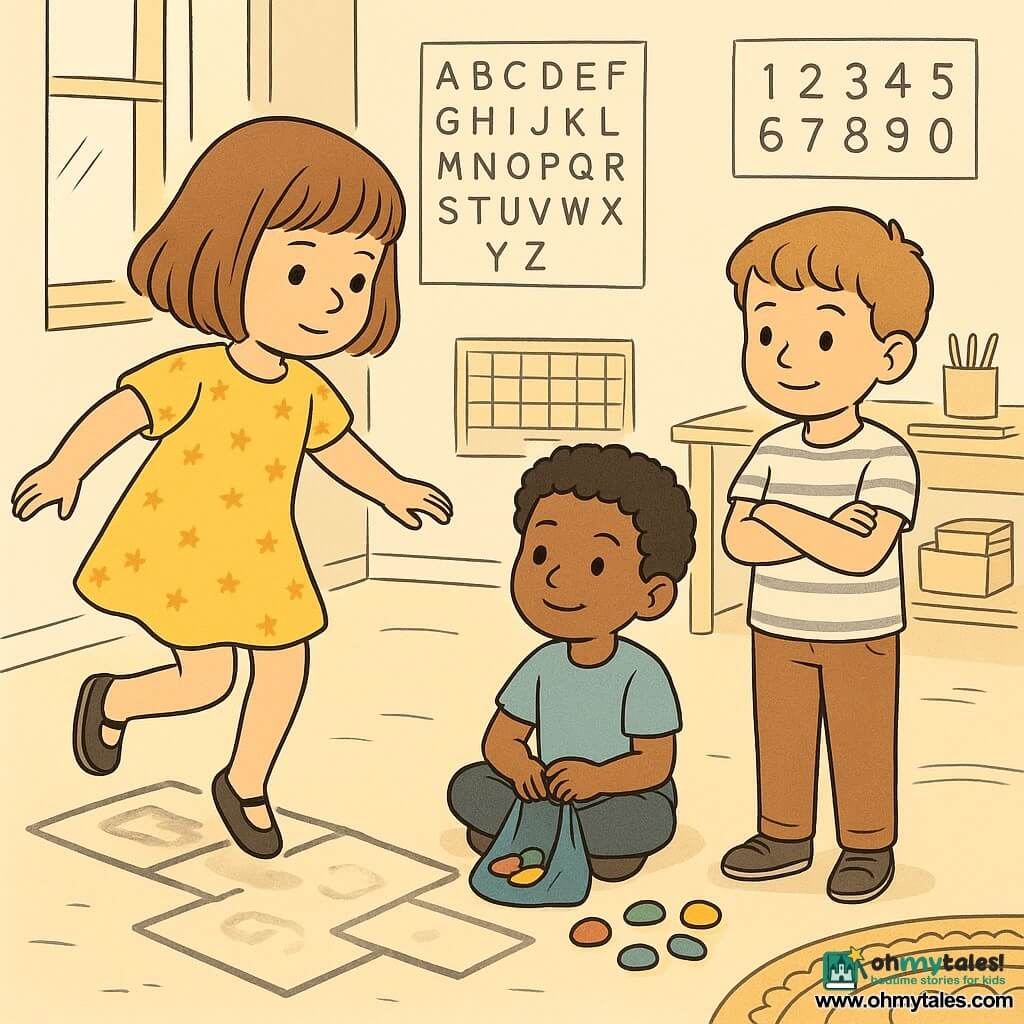 A focused, gentle 6-year-old girl with chin-length brown hair and attentive eyes in a yellow starry outfit hops on one leg on chalk squares near a window, turning toward her friends; Sami, a shy-then-smiling curly-haired 6-year-old boy, sits by the chalk line holding an open blue pouch with painted red, green, yellow, and blue stones in front of him; Leo, another reserved 6-year-old in a striped T-shirt, stands a few steps away watching with curiosity; the classroom shows a round patterned rug, alphabet and number posters, a large grid calendar, tablets and pencil boxes, and warm sunlight casting soft shadows as the children play "Stone Steps" — chalk-square lines with colored stones — sharing, learning, lightly tossing stones, hopping, and wiping chalk with a sponge.