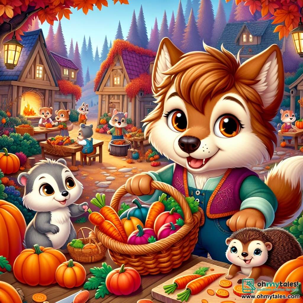 A young wolf named Leo, with soft, silky reddish-brown fur, stands happily in the center of a lively village, his eyes shining with curiosity and excitement. He carries a small wicker basket filled with bright orange carrots and golden squash, ready to join the autumn festival. Next to him, a small squirrel named Chip, with sparkling eyes and gray fur, smiles as he helps gather vegetables. A hedgehog named Hazel, with brown spines and a focused expression, chops vegetables nearby, adding a touch of magic to the meal preparation. The setting is a warm village surrounded by tall trees with vibrant leaves, where pumpkin-shaped lanterns light up the scene. Animals of all kinds bustle around large wooden tables, decorated with autumn fruits and flowers. The main scene shows Leo and his friends preparing a big pot of soup filled with colorful vegetables, while the air is filled with laughter and the delicious aroma of cooked dishes, creating a festive and joyful atmosphere.