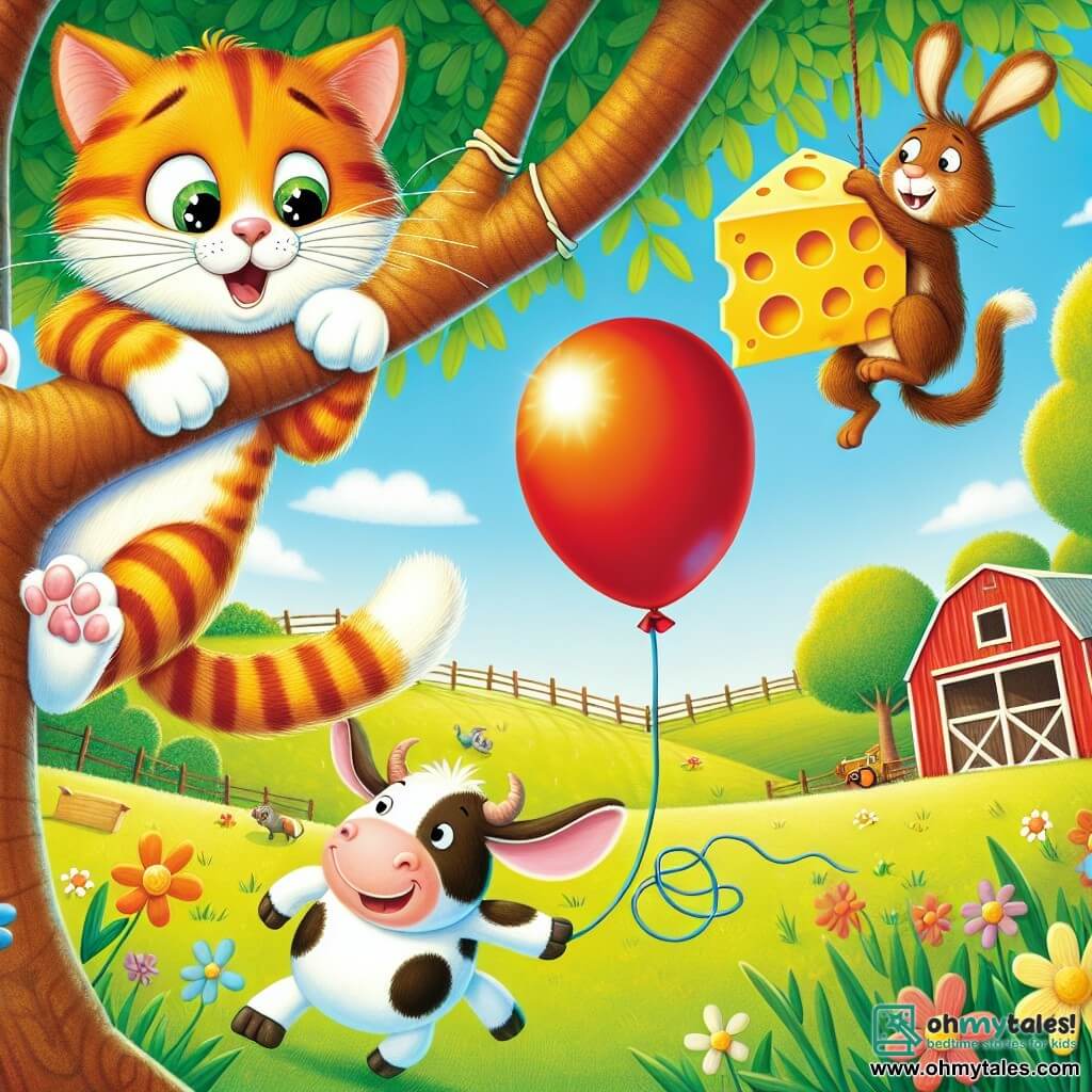 A mischievous cat named Whiskers, with orange striped fur and sparkling eyes, is perched on a tree branch, paws in the air, smiling widely as he tries to catch a shiny red balloon. Next to him, a small rabbit named Benny, with large ears and white fur, joyfully jumps down from the tree, laughing and making faces to distract a mischievous squirrel that has taken a big piece of cheese. Clara, a brown cow with white spots, stands at the base of the tree, ready to catch the cheese with a determined look. The scene takes place on a sunny farm, with green fields, colorful flowers, and a red barn in the background. Whiskers, Benny, and Clara are on an adventure trying to recover the cheese stolen by the squirrel, creating a joyful and fun atmosphere.