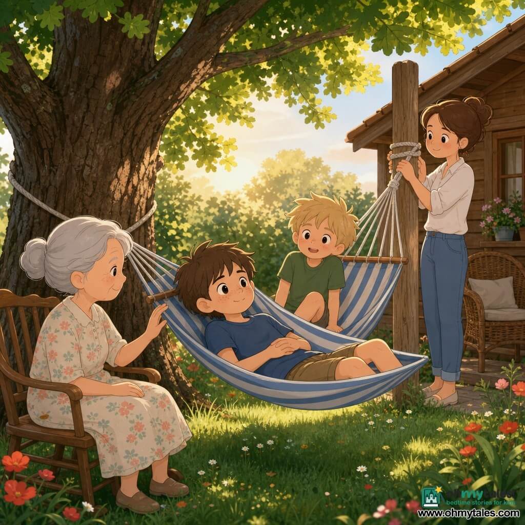 A warm, quiet scene in a sunny summer garden: a relieved 12-year-old boy with a round, freckled face and short chestnut hair lies relaxed in a blue-and-white striped hammock, hands on his belly; a gentle 70-year-old grandmother with gray hair in a bun and a pastel floral dress sits nearby on a wooden chair, hand extended as if rocking the air; another 12-year-old boy, cousin Noah, with tousled blond hair and a green T-shirt sits in the hammock in the background, legs swinging and looking surprised then amused; a calm 40-year-old mother with tied brown hair stands by a wooden post showing the rope knot as if having just helped tie the hammock; the garden has a large oak, green grass with small red and white flowers, a wooden shed and wicker chair, and a blue sky with fluffy clouds; the moment evokes reconciliation and regained trust with soft evening light, pastel-vivid colors and simple rounded forms in a kawaii minimalist style.