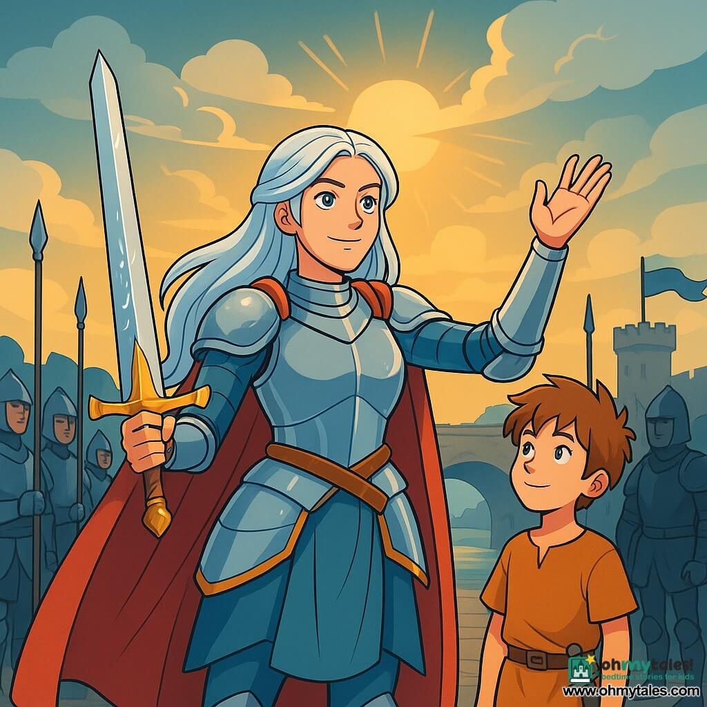 Lady Elara, a knight with long silver hair, stands proudly at the center of the image, her shining armor reflecting the sunlight. Her face shows gentle determination, with eyes shining with courage and a slight smile. She holds a rune-embellished sword in one hand while the other is raised to the sky, as if calling for peace. Beside her, Elian, a twelve-year-old boy with tousled hair and sparkling eyes, admires his mentor. He wears a simple tunic and has a small knife at his belt, standing slightly back, ready to assist. In the background, the stone bridge over the Harrow River is visible, with banners fluttering in the wind. Soldiers on both sides, in shiny and dark armor, stand waiting, their faces marked by uncertainty. The scene takes place on the bridge, where Lady Elara and Elian are preparing to meet Lord Malvaris to negotiate peace. The atmosphere is tense yet hopeful, with rays of light breaking through the dark clouds, symbolizing a new chance for both kingdoms.