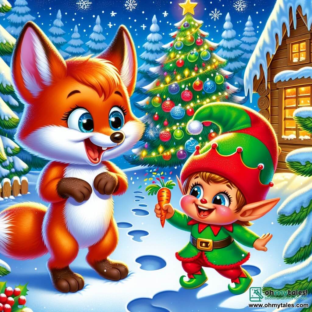 Little Fox, a small fox with reddish fur and sparkling mischievous eyes, stands at the center of the scene with a big joyful smile on his face. He looks in amazement at a little prankster elf, dressed in a bright green costume and a pointed red hat, who laughs while holding a carrot in his hands. The elf, with rosy cheeks and mischievous eyes, is dancing around a Christmas tree decorated with shimmering garlands and colorful ornaments, throwing confetti in the air. The scene takes place in an enchanted forest covered in a thick layer of shining snow, with snowflakes gently falling from the light blue sky. Footprints lead to a small wooden cabin, where warm lights can be seen through the windows. Little Fox and the prankster elf are having fun creating Christmas surprises, surrounded by laughter and magic, as the tree sparkles brilliantly.
