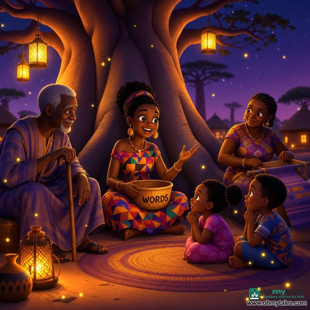 Nia, a young joyful woman with bright eyes and round cheeks, smiles in a colorful geometric dress holding a small basket of words on her lap as she sits against a baobab trunk telling a story; Kofi, about 70 with dark skin and short gray hair, sits to her left with one hand on his staff and a gentle smile leaning toward her; Amma, about 45, weaves nearby with braided hair and quick fingers, nodding in approval; two children, a girl of about 6 and a boy of about 8, sit close together on a braided mat, wide-eyed and clasping their hands; a massive baobab fills the background with rough bark, visible roots and branches silhouetted against a starry night with small hanging lamps; warm lamplight, long shadows, orange and purple hues and fireflies create a peaceful, communal atmosphere as the village listens attentively.