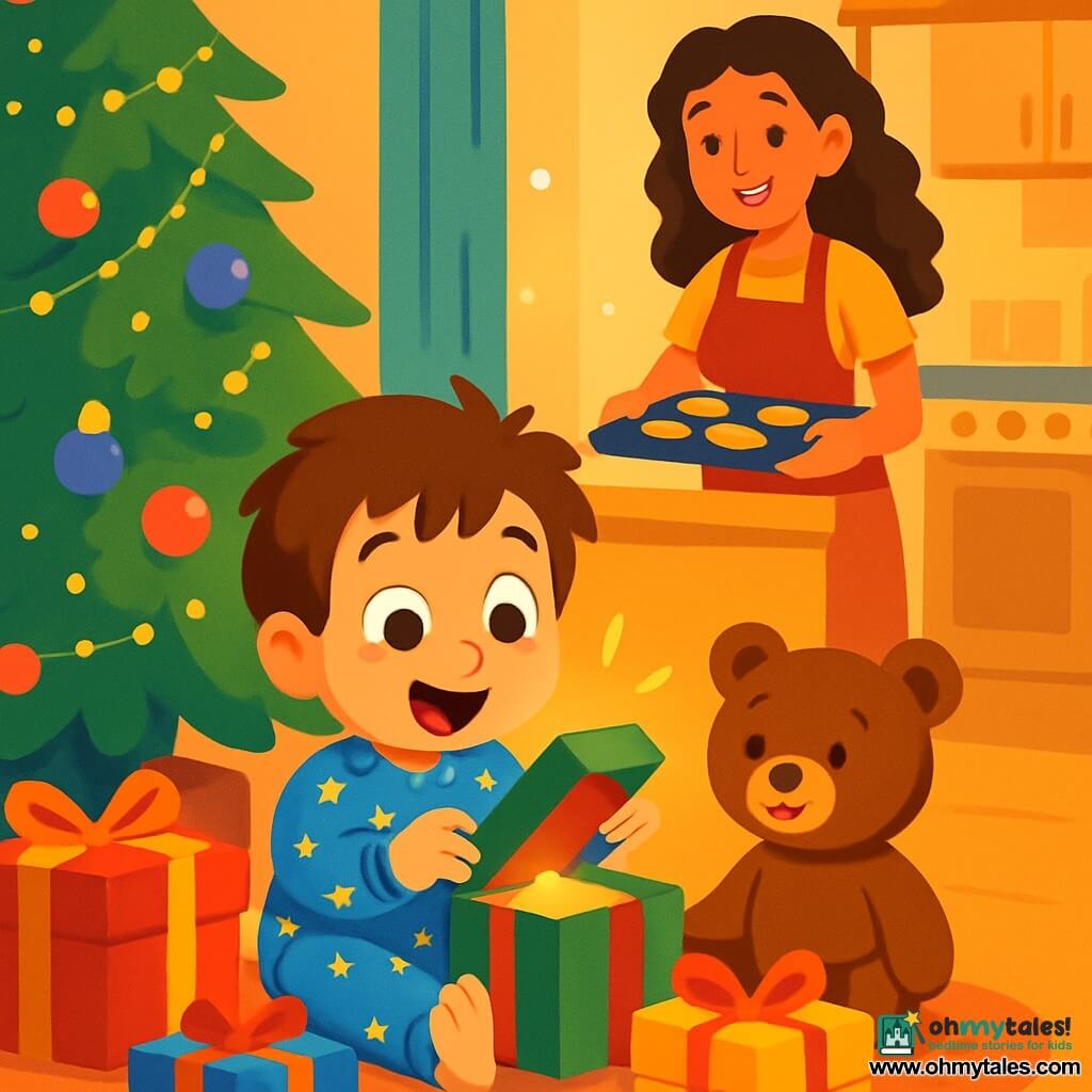 A 4-year-old boy named Timmy, with messy brown hair and bright, excited eyes, sits on the floor surrounded by colorful packages. He wears blue pajamas with golden star patterns, and his face radiates joy and wonder. Beside him, his faithful teddy bear, Brownie, has soft brown fur and a friendly smile. In the kitchen, Timmy's mom, a woman in her 30s with long curly hair, bakes Christmas cookies. Wearing a festive red apron, she smiles warmly at her son, adding a touch of magic to the atmosphere. The scene takes place in a cozy living room decorated with a large sparkling Christmas tree, illuminated by fairy lights and adorned with colorful ornaments. Snow gently falls outside, creating a fairytale landscape through the window. Timmy, amazed, eagerly opens a gift, his face lit by the glow of the sparkling decorations. The magic of Christmas fills the air, and the excitement of discovering what Santa has brought is palpable.
