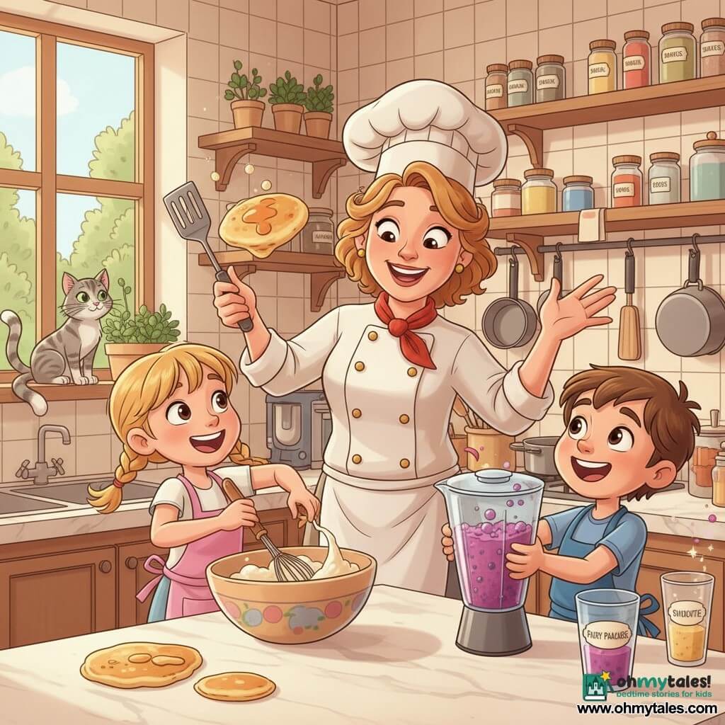 A smiling, joyful woman chef in her forties with curly brown hair under a white toque and a cream chef jacket with gold buttons holds a spatula in one hand and a pan with a golden pancake in the other, while an excited 8-year-old girl, Lucy, with blond pigtails and a pink apron vigorously whisks frothy batter in a large bowl and an enthusiastic 8-year-old boy, Max, with short brown hair and a blue apron holds a blender of purple-red berry purée looking at the chef; a gray tabby cat, Whiskers, with green eyes sits on a shelf by the window watching. The bright, colorful bistro kitchen shows an herb garden outside, wooden shelves of labeled spice jars, hanging shiny pots, cream tiles and a light marble countertop as they prepare "Fairy Pancakes" and sparkling smoothies—bubbles on the pancake, berry splashes in the blender and edible glitter above the glasses, warm morning light, vivid colors and crisp textures.