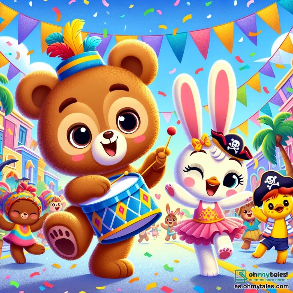 Un pequeño oso de peluche llamado Osito, con suave pelaje marrón y ojos brillantes de alegría, toca el tambor con una gran sonrisa, rodeado de colores vivos y confeti. A su lado, una adorable conejita llamada Lila, con largas orejas y un bonito tutú rosa, baila con entusiasmo, sus ojos brillan de felicidad. Un pequeño pato amarillo llamado Pipo, que lleva un sombrero de pirata y una bufanda roja, bate sus alas al ritmo, riendo con todas sus fuerzas. La escena tiene lugar en una calle animada decorada con globos multicolores, pancartas y serpentinas, bajo un cielo azul brillante. Los niños bailan alrededor, creando una atmósfera festiva y alegre. Osito, Lila y Pipo celebran juntos el carnaval, tocando música y bailando, llenos de energía y felicidad, mientras los demás niños se unen a esta colorida fiesta.