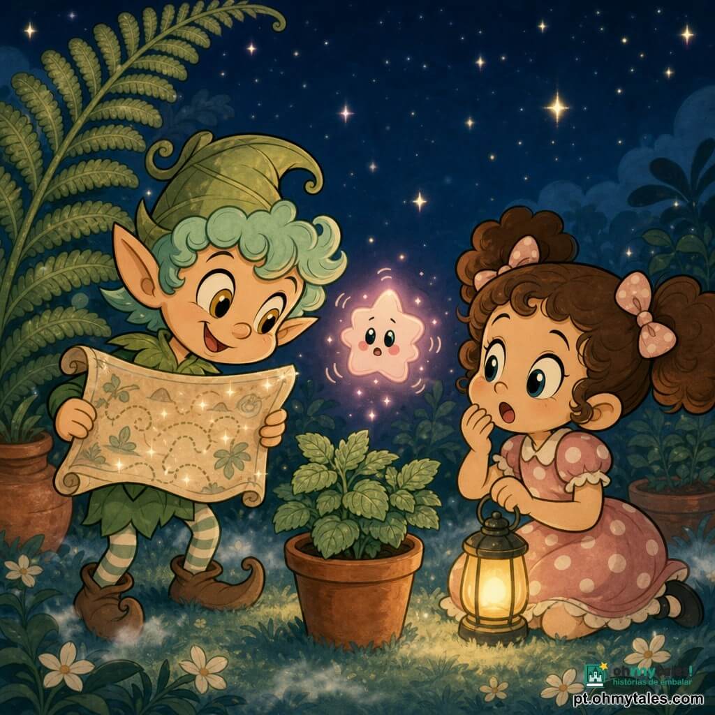 Um pequeno elfo masculino de cabelos verde-menta encaracolados, chapéu pontudo de folha, olhos mel brilhantes e sorriso malicioso segura um pergaminho-cartas com bordas prateadas cintilantes; uma menininha Lilás de ~6 anos, cabelos castanhos encaracolados em duas maria-chiquinhas e vestido simples de bolinhas, ajoelha-se junto a um vaso de hortelã segurando uma pequena lanterna amarela, maravilhada e curiosa; uma estrelinha perdida minúscula e rosada, em forma redonda com pétalas de luz, flutua tremulante entre eles acima do vaso; jardim noturno com grama macia, silhuetas de folhas de jasmim, uma grande samambaia à esquerda, vasos de barro, céu azul-escuro com poucas estrelas e leve névoa luminosa; cena calorosa em cores pastéis contrastantes (verde-menta, rosa pálido, azul-noite), traços arredondados e estilo cartoon retrô.