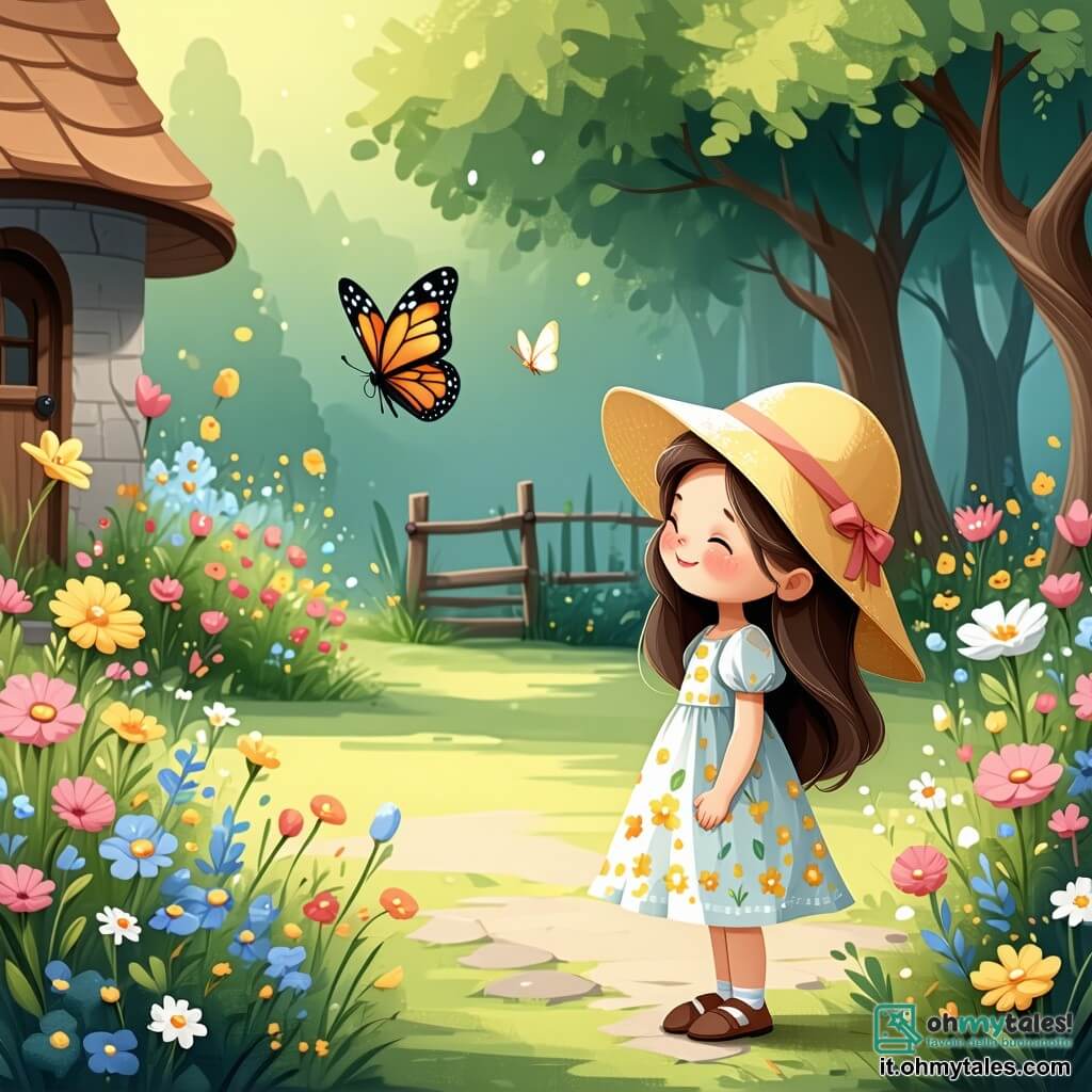Una bambina di 4 anni, di nome Anna, con lunghi capelli castani e occhi pieni di curiosità, si trova nel mezzo di un giardino colorato. Indossa un vestito leggero a fiori e un piccolo cappello giallo che le dà un'aria gioiosa. Anna sorride meravigliata osservando una bella farfalla che vola tra i fiori. Accanto a lei, sua madre, una donna di circa 30 anni con capelli castani e un sorriso caloroso, si accovaccia per mostrarle un'ape che succhia il nettare da una rosa. Indossa una maglietta blu chiaro e jeans, ed è felice di condividere questo momento con sua figlia. Il giardino è un vero dipinto di primavera, pieno di fiori vivaci di tutti i colori: rosa, viola, giallo e blu. Alberi verdi circondano lo spazio, e il cielo è di un blu brillante, punteggiato da alcune nuvole bianche e soffici. La scena principale mostra Anna meravigliata dalla bellezza della natura, mentre osserva attentamente la farfalla che danza tra i fiori, mentre sua madre le spiega l'importanza delle api e dei fiori nel giardino.