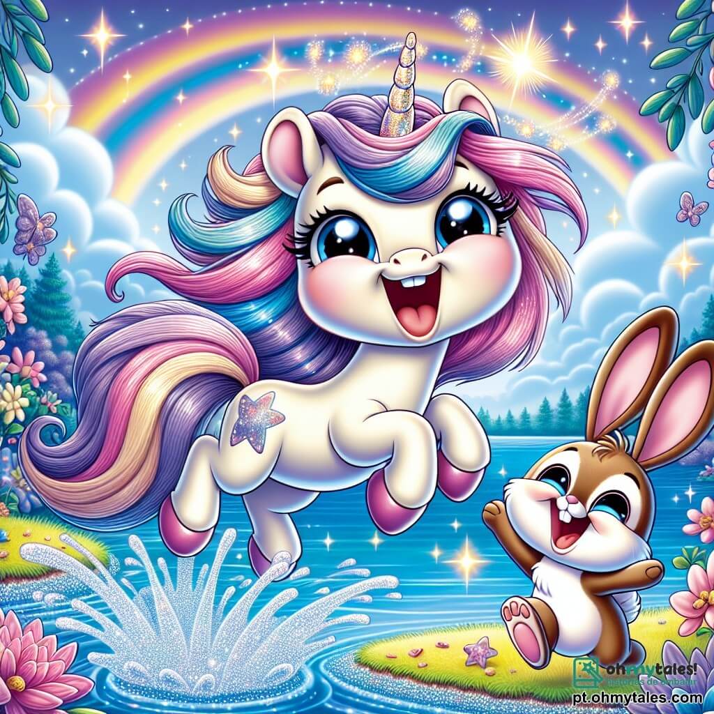 No centro da imagem, uma unicórnio mágica chamada Lila, com uma crina brilhante de cores vivas (rosa, azul e roxo) e um chifre cintilante como estrelas, está rindo alegremente. Seus grandes olhos brilhantes refletem a excitação da aventura, e ela salta no ar com graça, cercada por pequenas faíscas luminosas. Ao lado dela, Tico, um coelhinho de grandes orelhas, faz uma careta cômica. Seu pelo é macio e marrom, e seus olhos redondos estão cheios de travessura. Ele está em pé sobre as patas traseiras, pronto para pular, parecendo prestes a explodir em risadas. No fundo, o Lago das Risinhas brilha sob o sol, com águas cintilantes que parecem sorrir. Flores coloridas dançam ao ritmo do vento, e árvores com folhas em forma de coração acrescentam um toque de magia a essa paisagem encantadora. A cena representa Lila e Tico se divertindo à beira do lago, onde as águas riem e fazem ondas de alegria, criando uma atmosfera de felicidade e camaradagem. Risadas ecoam no ar, e toda a ilustração transmite uma sensação de magia e leveza.