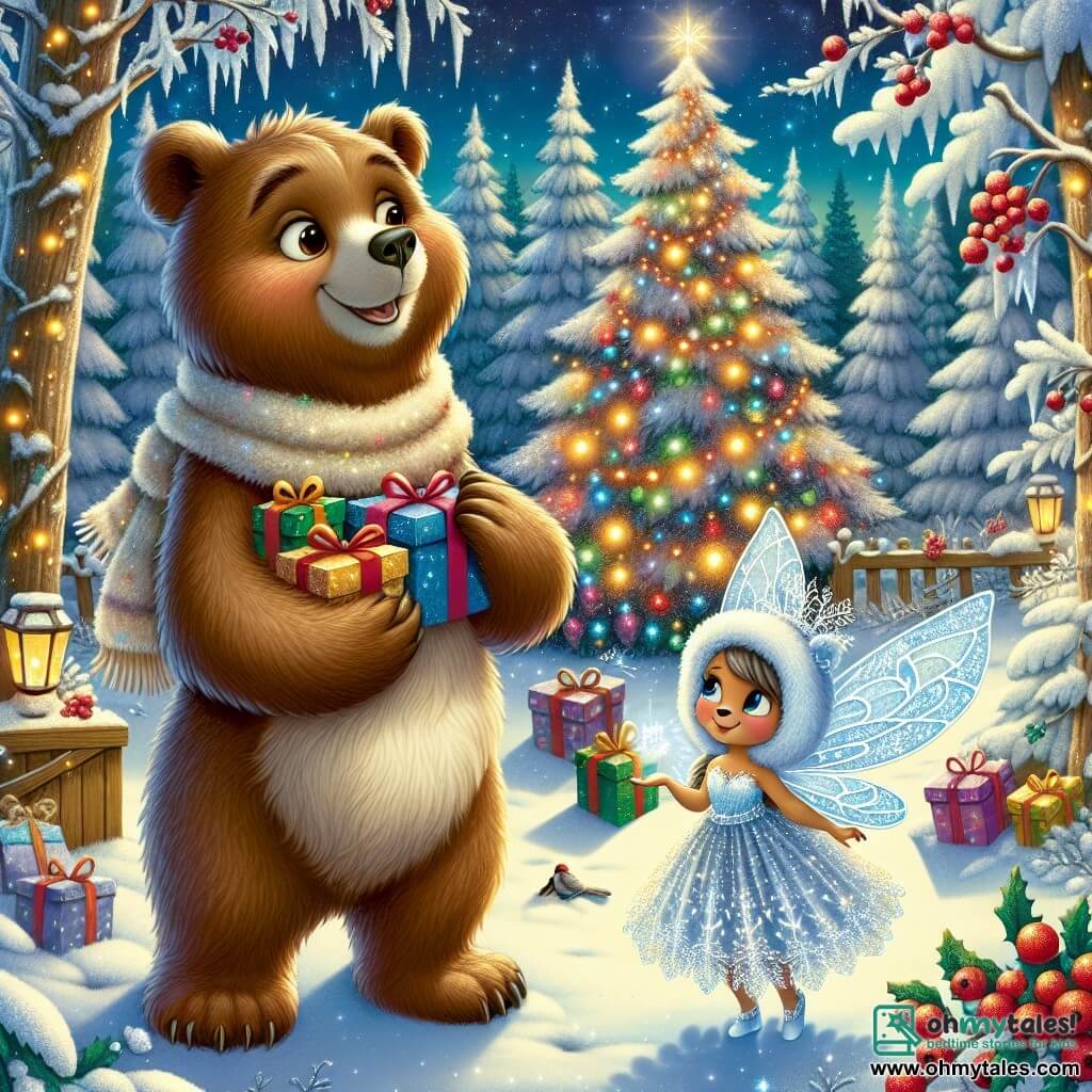 In a magical forest covered in sparkling snow, a brown bear named Benny, with soft and fluffy fur, smiles in wonder while holding colorful gifts in his paws. His eyes shine with joy and excitement as he stands in front of a large Christmas tree decorated with red berries and twinkling lights. Beside him, a little snow fairy named Flicker, with delicate wings shimmering like snowflakes, joyfully flies around him. She wears a dress made of icicles and has a broad smile, spreading magical dust over the gifts. The setting is enchanting, with majestic trees laden with snow, a starry night sky, and a soft moonlight illuminating the scene. Benny and Flicker, united by the spirit of Christmas, are placing gifts in front of the burrows and nests of the forest animals, sharing the magic and joy of this special night.