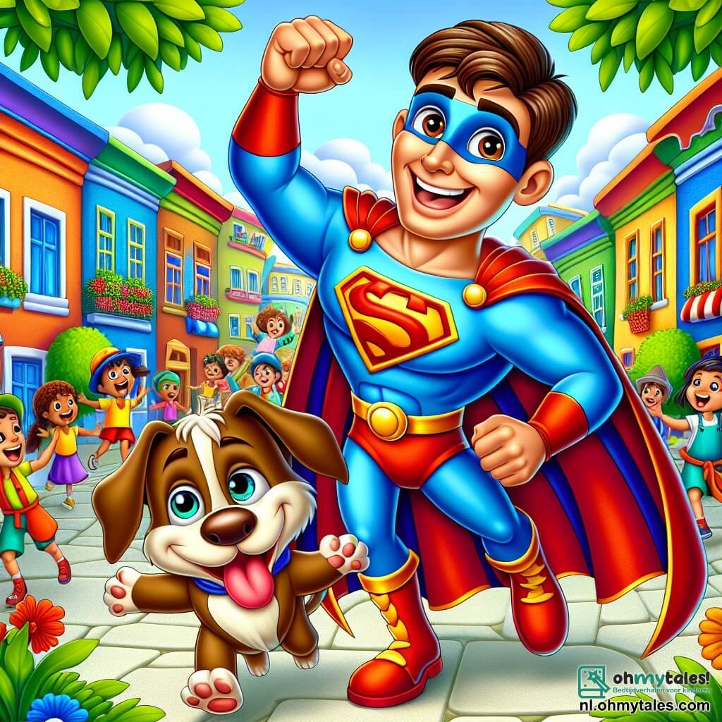 Een superheld genaamd Bob, in een stralend rood en blauw kostuum met een wapperende cape en een grote blije glimlach, staat in het midden van de afbeelding met een vuist omhoog in enthousiasme. Naast hem staat een schattige hond genaamd Max, een kleine bruine hond met hangende oren, die van blijdschap springt en blaft, met fonkelende ogen van opwinding. Op de achtergrond is een drukke stadsstraat te zien, met kleurrijke huizen, groene bomen en kinderen die lachen en spelen. De hoofdscène toont Bob en Max die de Vervelende Vogel aan het lachen maken, een kleurrijke vogel met glanzende veren, die in de lucht hangt en zich kapot lacht om een grap van Max.