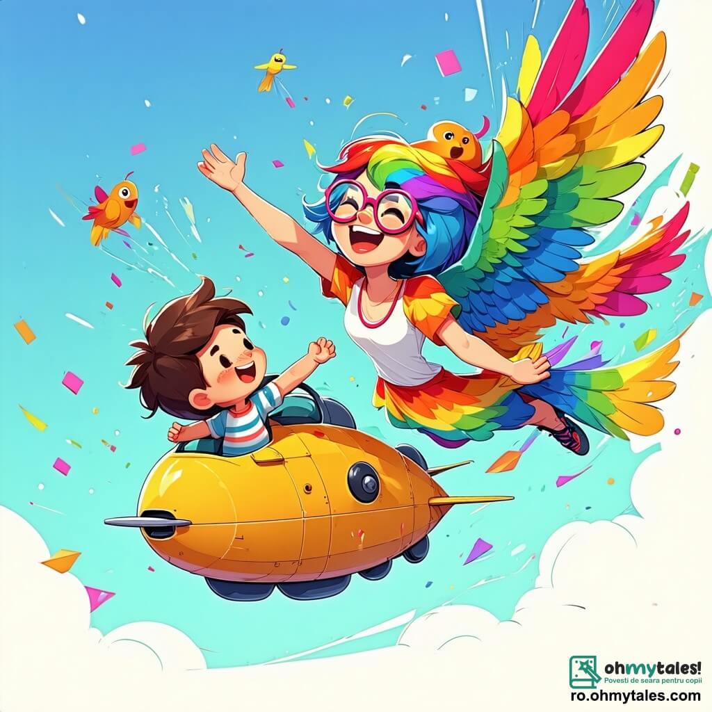 Clara, o femeie veselă cu părul în formă de curcubeu, poartă o bluză colorată și ochelari rotunzi. Ea râde cu brațele ridicate, în timp ce pilotează un aparat zburător în formă de pasăre mare, înconjurată de clătite care dansează în aer. Lângă ea, un băiat de 8 ani, cu părul castaniu și un tricou cu dungi, se uită uimit, încercând să prindă o clătită care cade. O altă persoană, o fetiță de 7 ani cu codițe blonde și o rochie cu flori, stă pe iarbă, râzând și ținând o clătită pe care tocmai a prins-o. Scena se desfășoară într-un sat mic și însorit, cu case colorate și acoperișuri de țiglă, copaci verzi și flori strălucitoare pe marginea drumului. Cerul este albastru cu câteva nori albi pufoși, iar păsările zboară vesele în jur. Situația principală arată cum Clara își face invenția să zboare, cu clătite plutind în jurul ei, în timp ce copiii se distrează încercând să le prindă, creând o atmosferă de bucurie și magie.