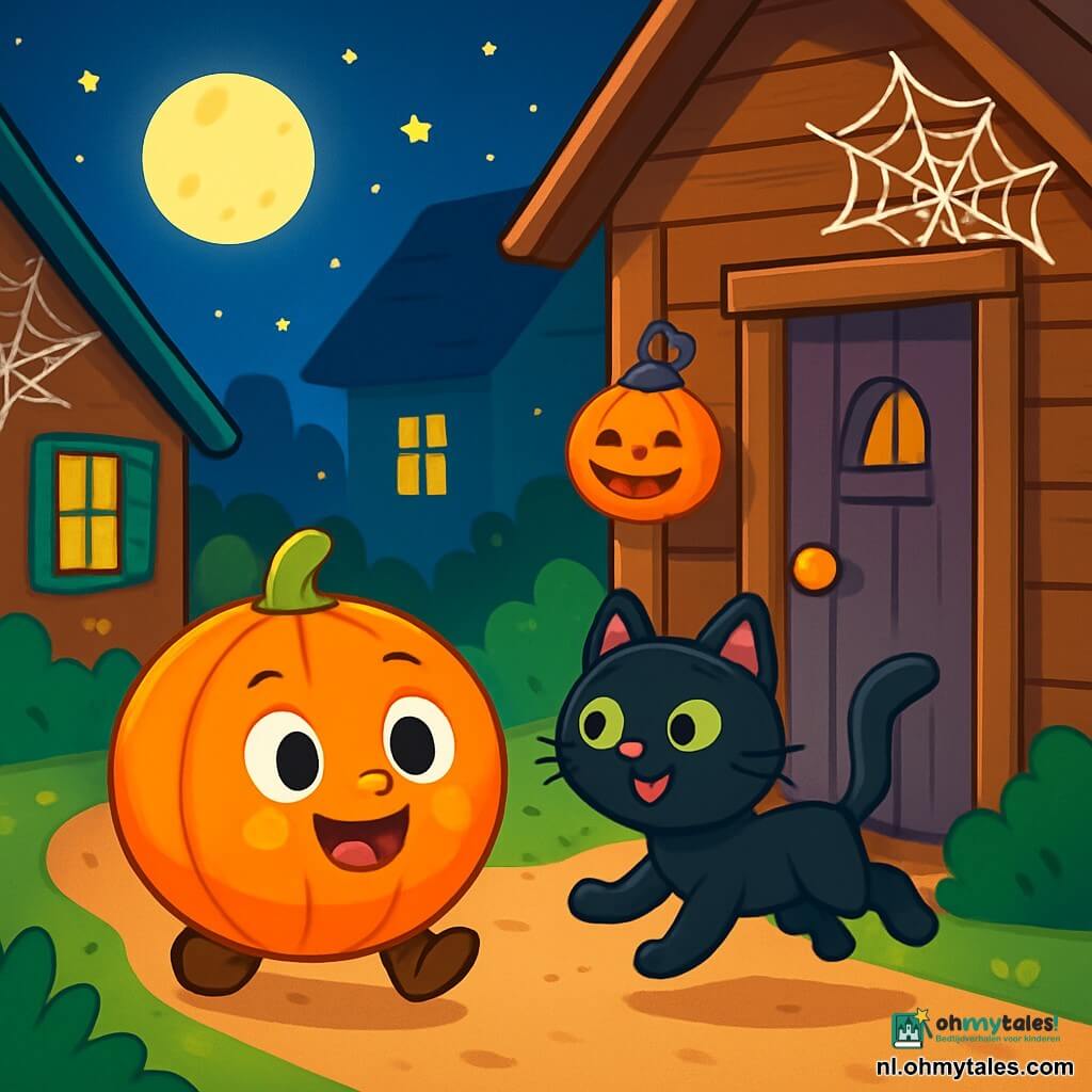 Een klein, rond en glimlachend figuurtje, een pompoen genaamd Pompeltje, met grote nieuwsgierige ogen en een glanzende oranje huid, rolt vrolijk over het onverharde pad, vol opwinding voor Halloween. Naast hem springt een kleine zwarte kat genaamd Minoes, met een glanzende vacht en sprankelende groene ogen, vrolijk en met een ondeugende glimlach, klaar om hem te helpen in zijn zoektocht. De achtergrond is een pittoresk dorp met houten huizen met kleurrijke luiken, versierd met glinsterende spinnenwebben en pompoenlantaarns, onder een sterrenhemel en een heldere maan. De belangrijkste situatie toont Pompeltje en Minoes die naar de deur van een oud huis gaan, waar ze zich voorbereiden om aan te kloppen voor snoep, omringd door een magische en feestelijke sfeer, vol levendige kleuren en vreugde.