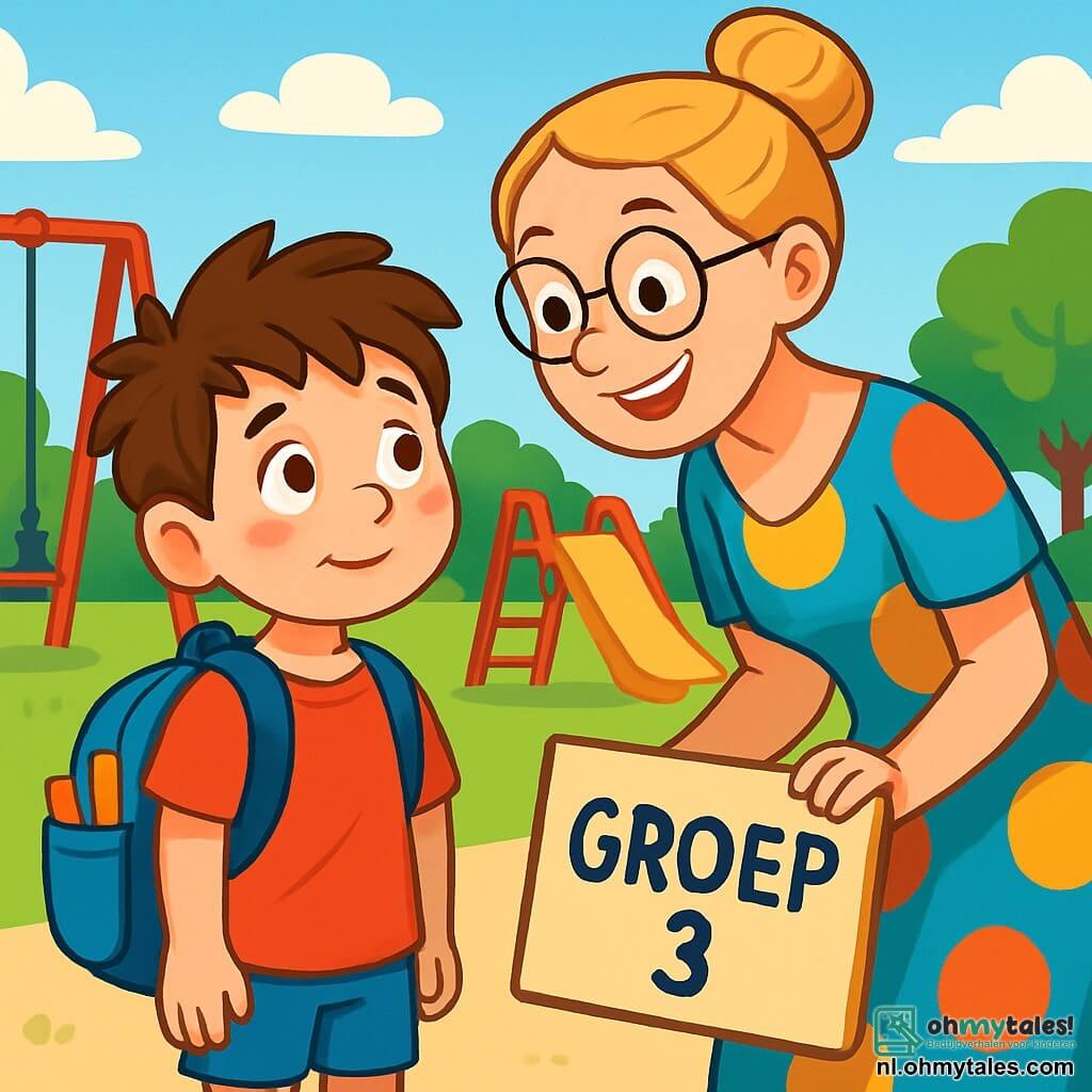 Een 6-jarig jongetje, Sam, met rommelig bruin haar en nieuwsgierige ogen, staat in het midden van de speelplaats. Hij draagt een felrode t-shirt en een kleine blauwe rugzak, vol schoolspullen. Zijn gezicht toont een combinatie van opwinding en nervositeit, met een lichte glimlach en blozende wangen. Naast hem staat een glimlachende vrouw, juf Anne, ongeveer 30 jaar oud, met blond haar in een knot en ronde brillen, die zich lichtjes naar Sam leunt. Ze draagt een kleurrijke jurk en houdt een bord met de naam van de klas vast. Ze lijkt uitnodigend en bemoedigend. Op de achtergrond is de speelplaats gevuld met kleurrijke speeltoestellen: een rode schommel, een gele glijbaan en kinderen die vrolijk rennen. Groene bomen omringen het terrein, en de lucht is blauw met enkele witte wolken. De belangrijkste situatie toont Sam, een beetje aarzelend, klaar om de eerste stap te zetten naar nieuwe vrienden, terwijl juf Anne hem aanmoedigt met een grote glimlach, waardoor een warme en gastvrije sfeer ontstaat.