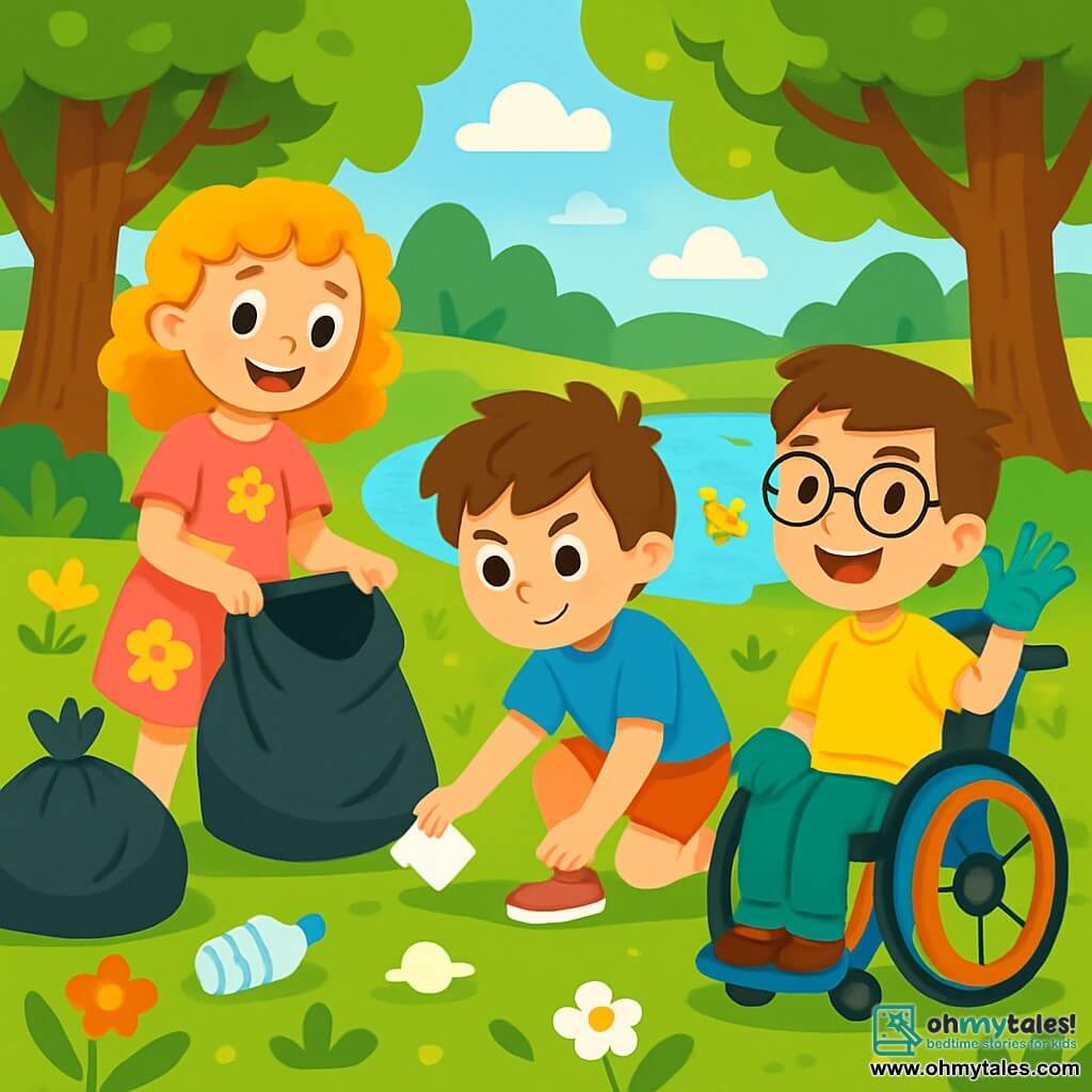 There are three characters: Emma, an 8-year-old girl with curly blonde hair wearing a pink floral dress, standing and smiling while holding a large plastic bag to collect trash; Leo, a 9-year-old boy with messy brown hair wearing a blue t-shirt and shorts, crouched down picking up a piece of paper with a determined look; and Sam, an 8-year-old boy with brown hair and glasses sitting in his colorful wheelchair, smiling joyfully while holding a gardening glove, ready to help his friends. The setting is a lush park filled with colorful flowers and majestic trees. A pond sparkles in the sun where ducks swim peacefully, and rays of light filter through the leaves, creating dancing shadows on the grass. Trash bags filled with waste are scattered around, contrasting with the park's natural beauty. The main scene shows the three friends cleaning the park, with Emma and Leo picking up litter while Sam encourages them with a big smile. They are all focused and happy, surrounded by nature, working together to make their park more beautiful and cleaner.